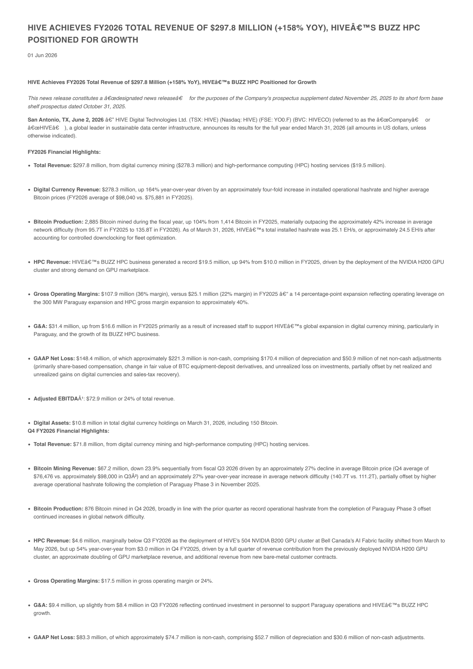 HIVE Digital Technologies' Q4 2026 Press Release