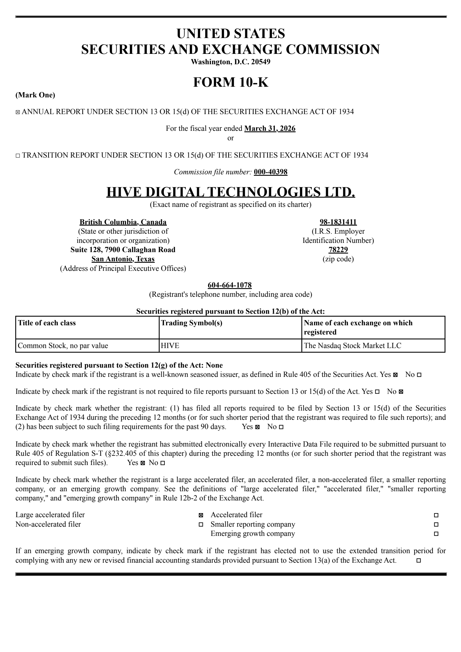 HIVE Digital Technologies' Q4 2026 Annual report