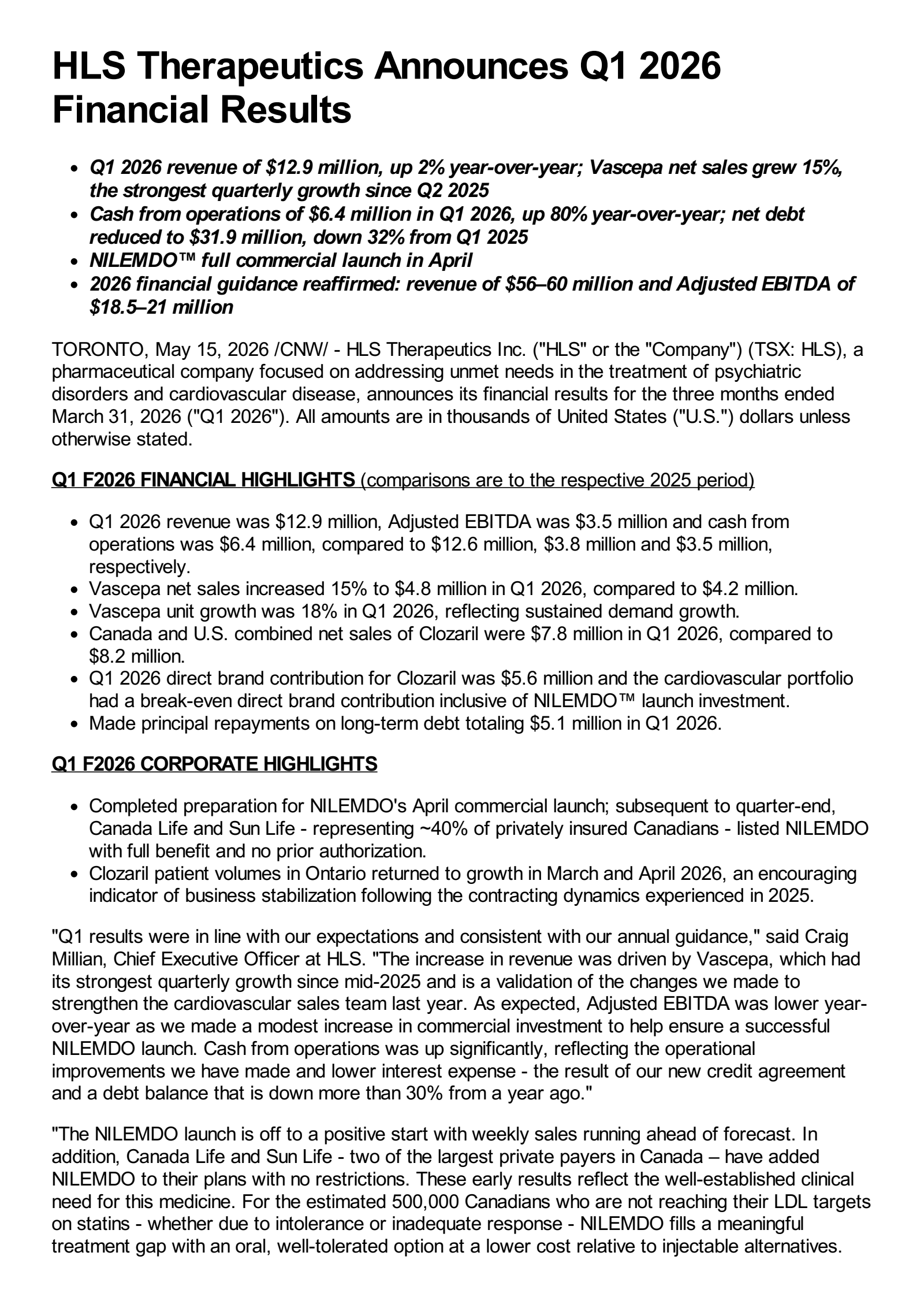 HLS Therapeutics' Q1 2026 Press Release