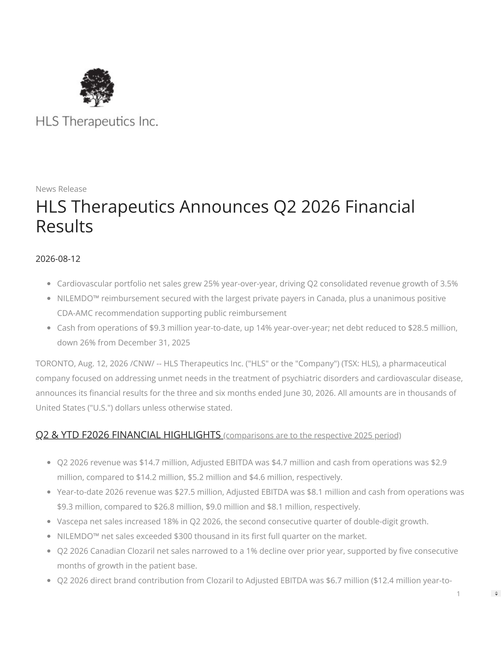 HLS Therapeutics' Q2 2026 Press Release