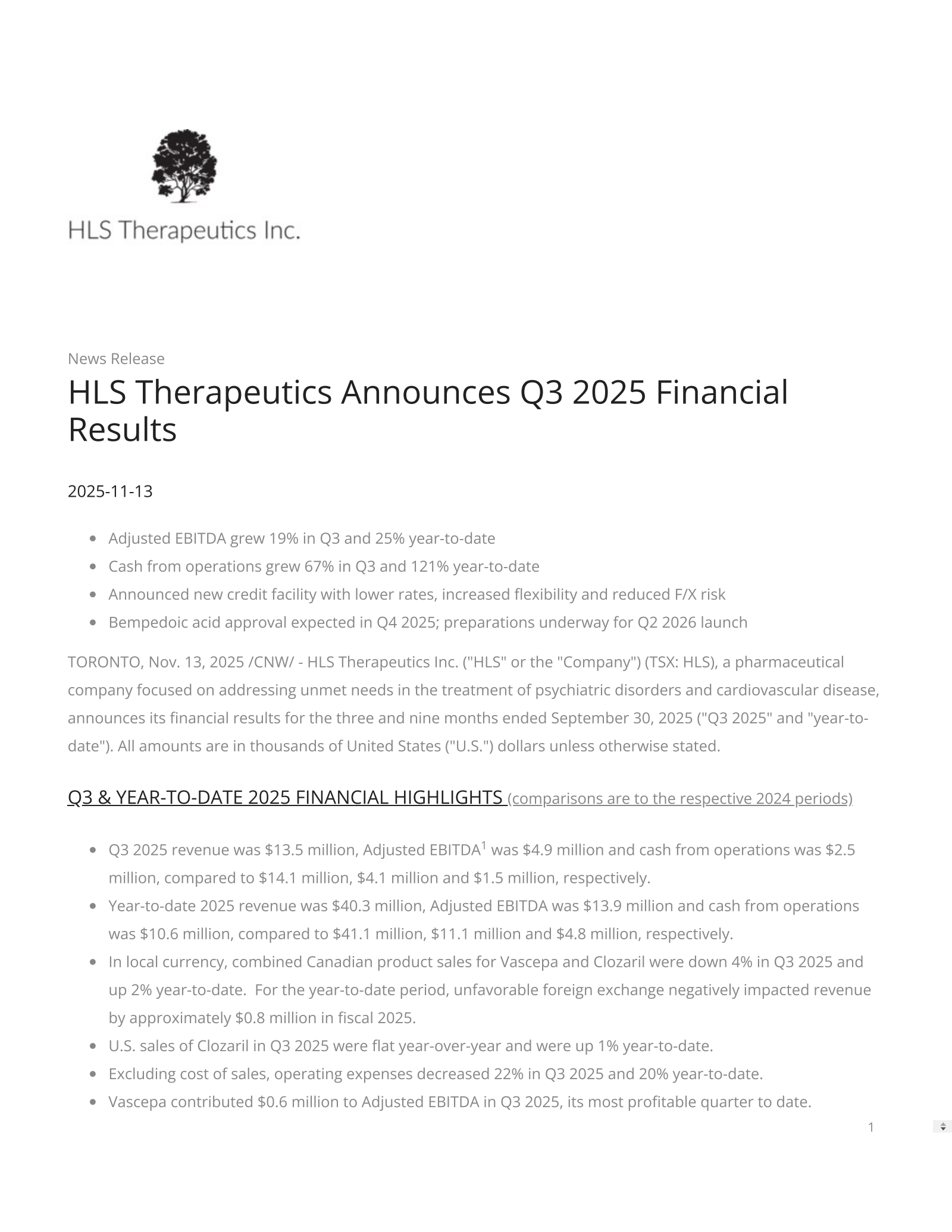 HLS Therapeutics' Q3 2025 Earnings Release