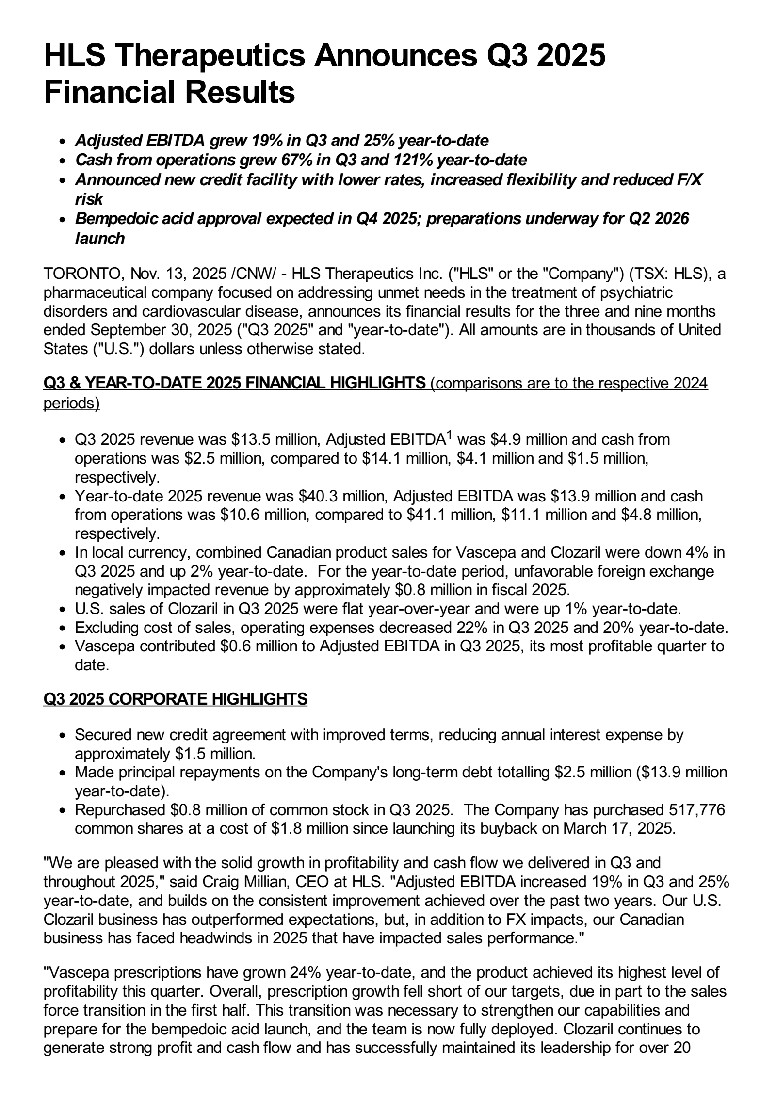 HLS Therapeutics' Q3 2025 Press Release