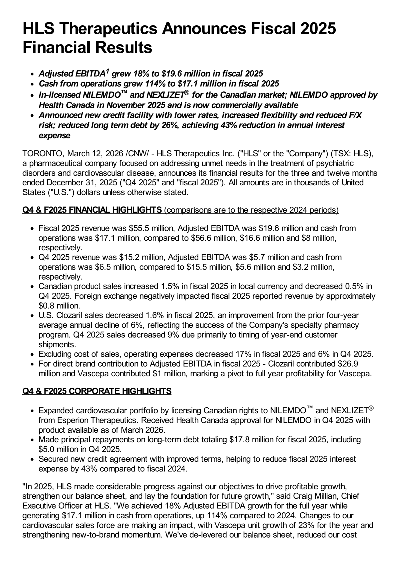 HLS Therapeutics' Q4 2025 Press Release