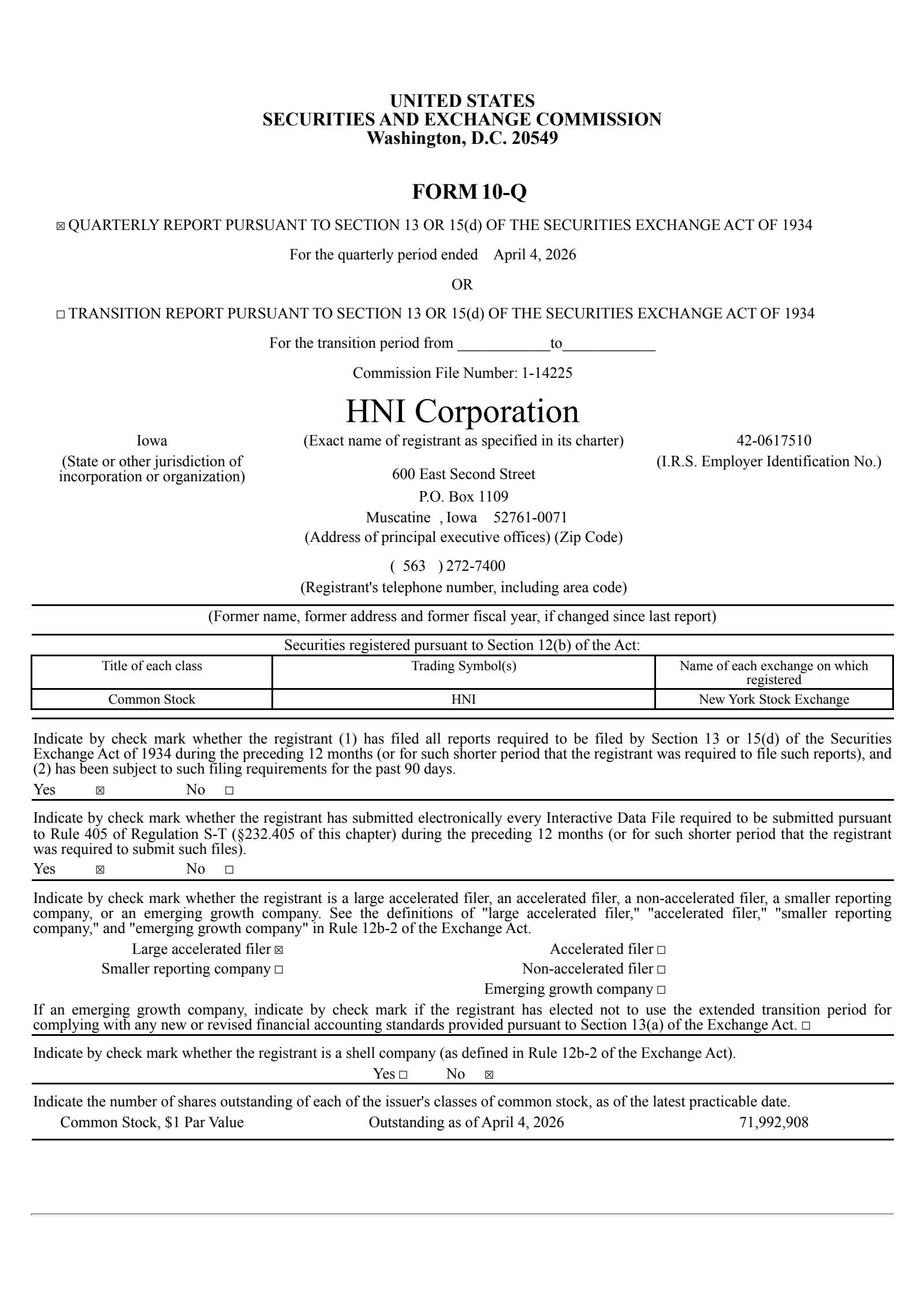 HNI's Q1 2026 Quarterly report