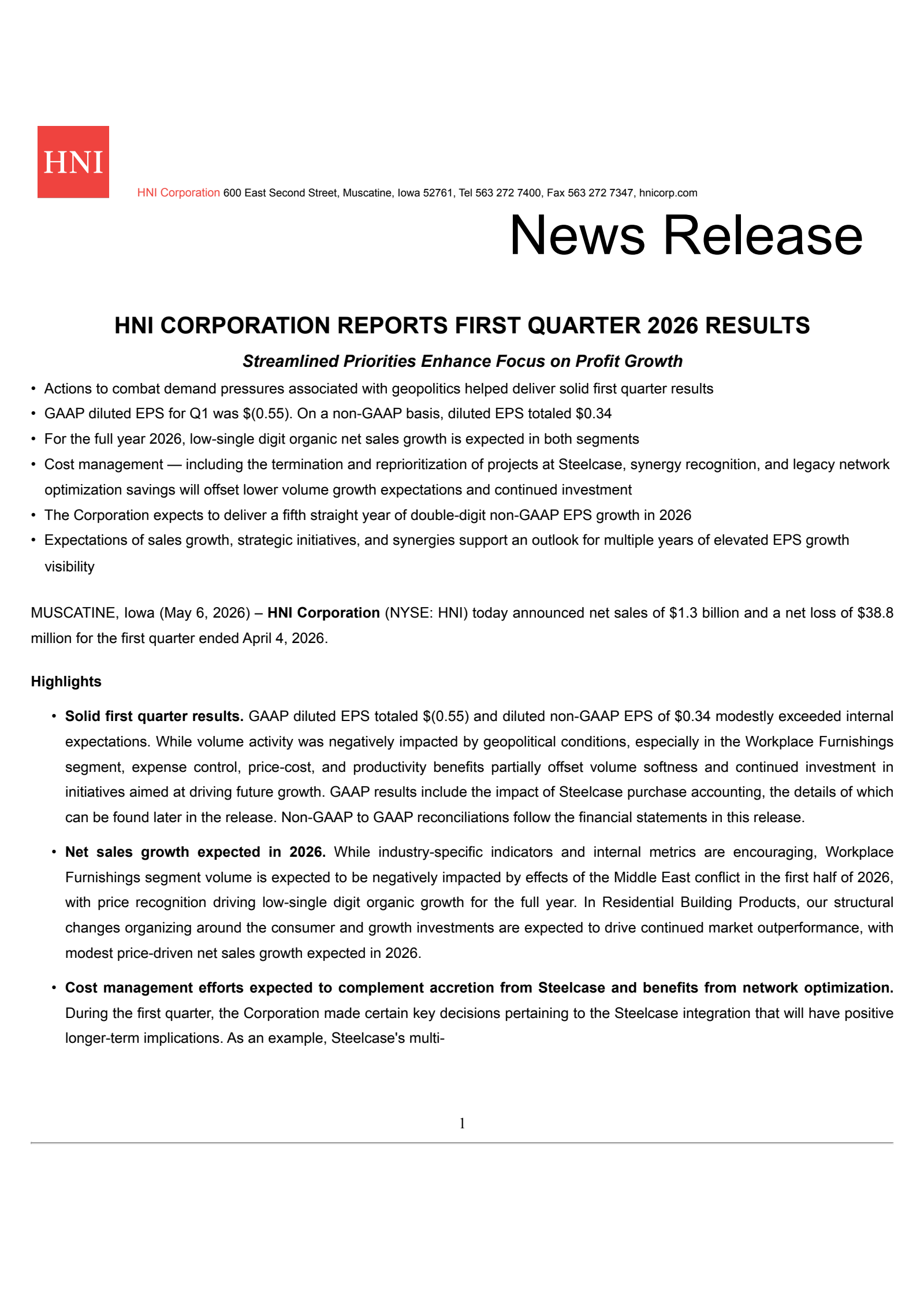 HNI's Q1 2026 Press Release