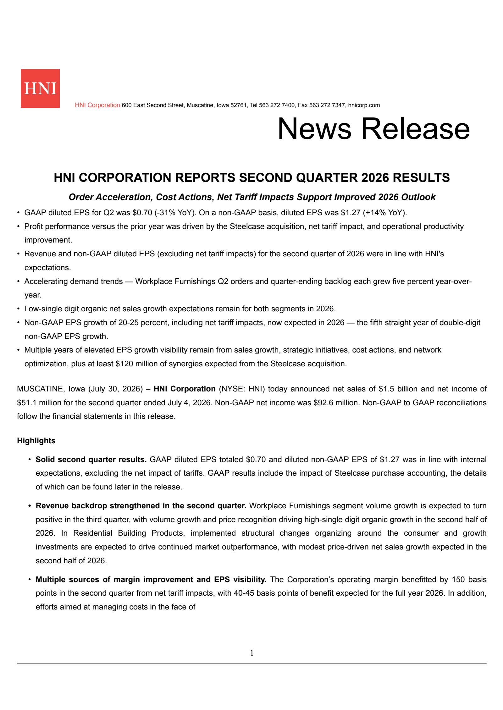 HNI's Q2 2026 Press Release