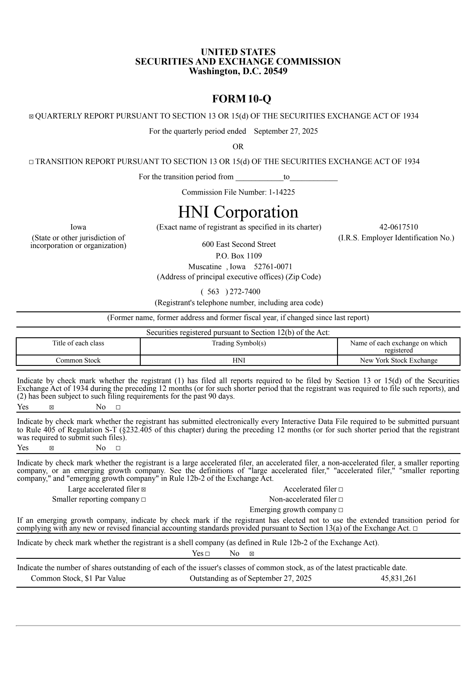 HNI's Q3 2025 Quarterly Report