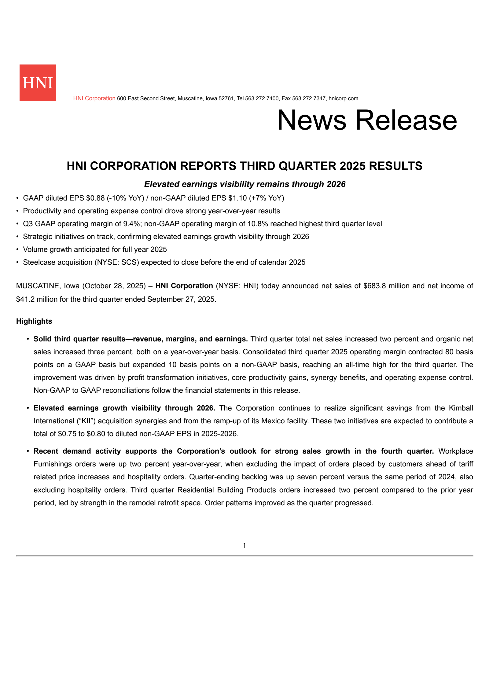 HNI's Q3 2025 Earnings Release