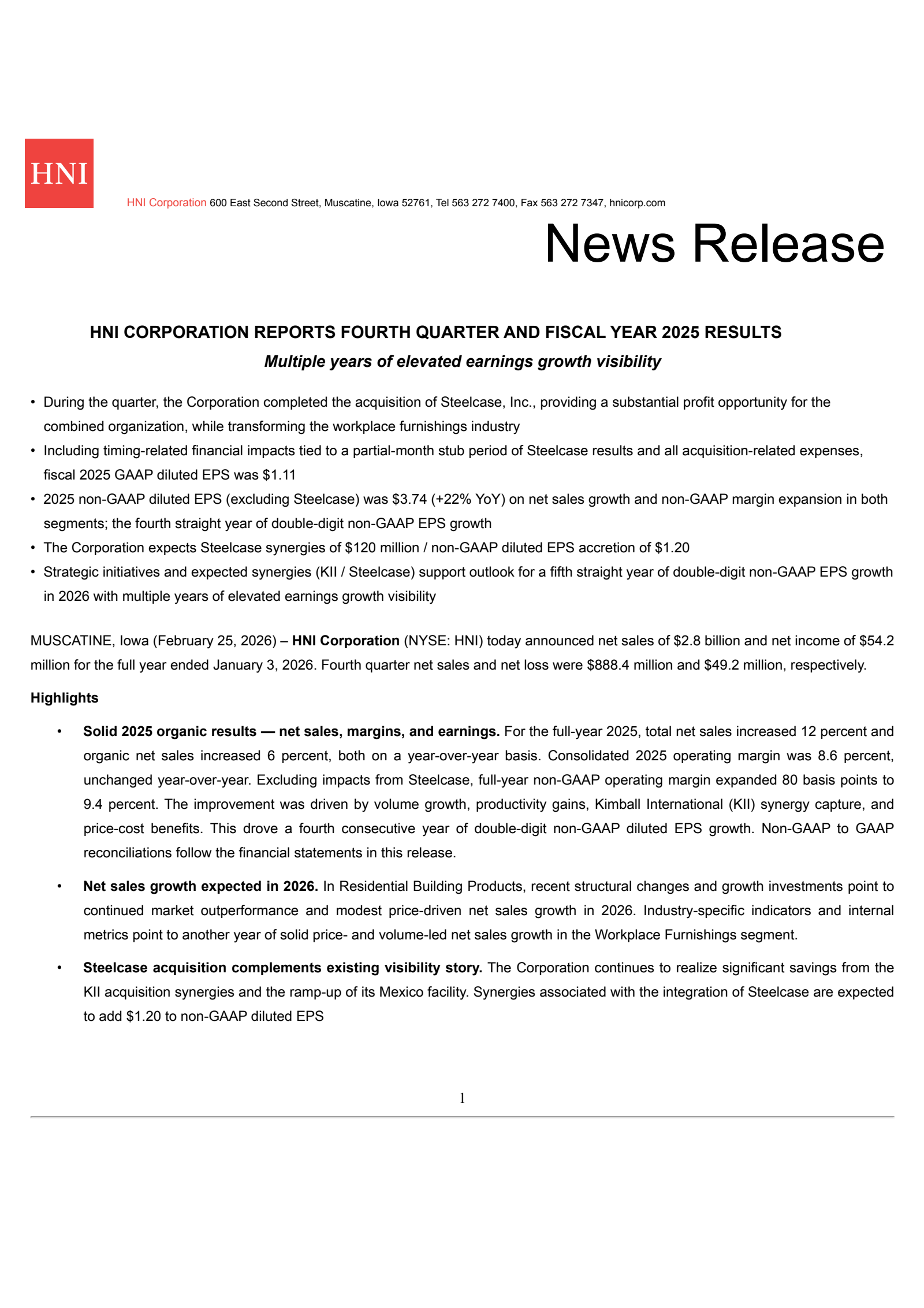 HNI's Q4 2025 Press Release