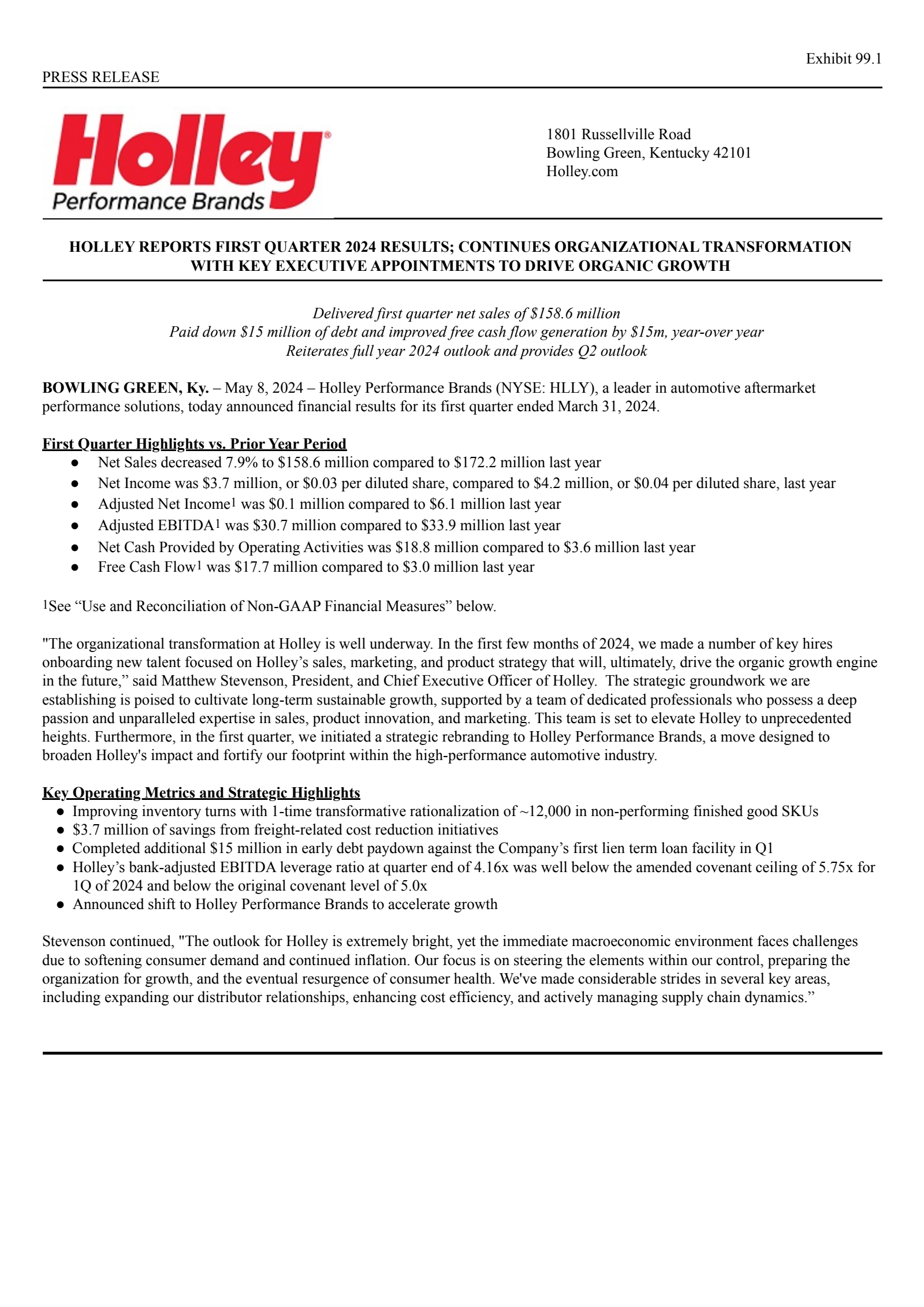 Holley's Q1 2024 Press Release
