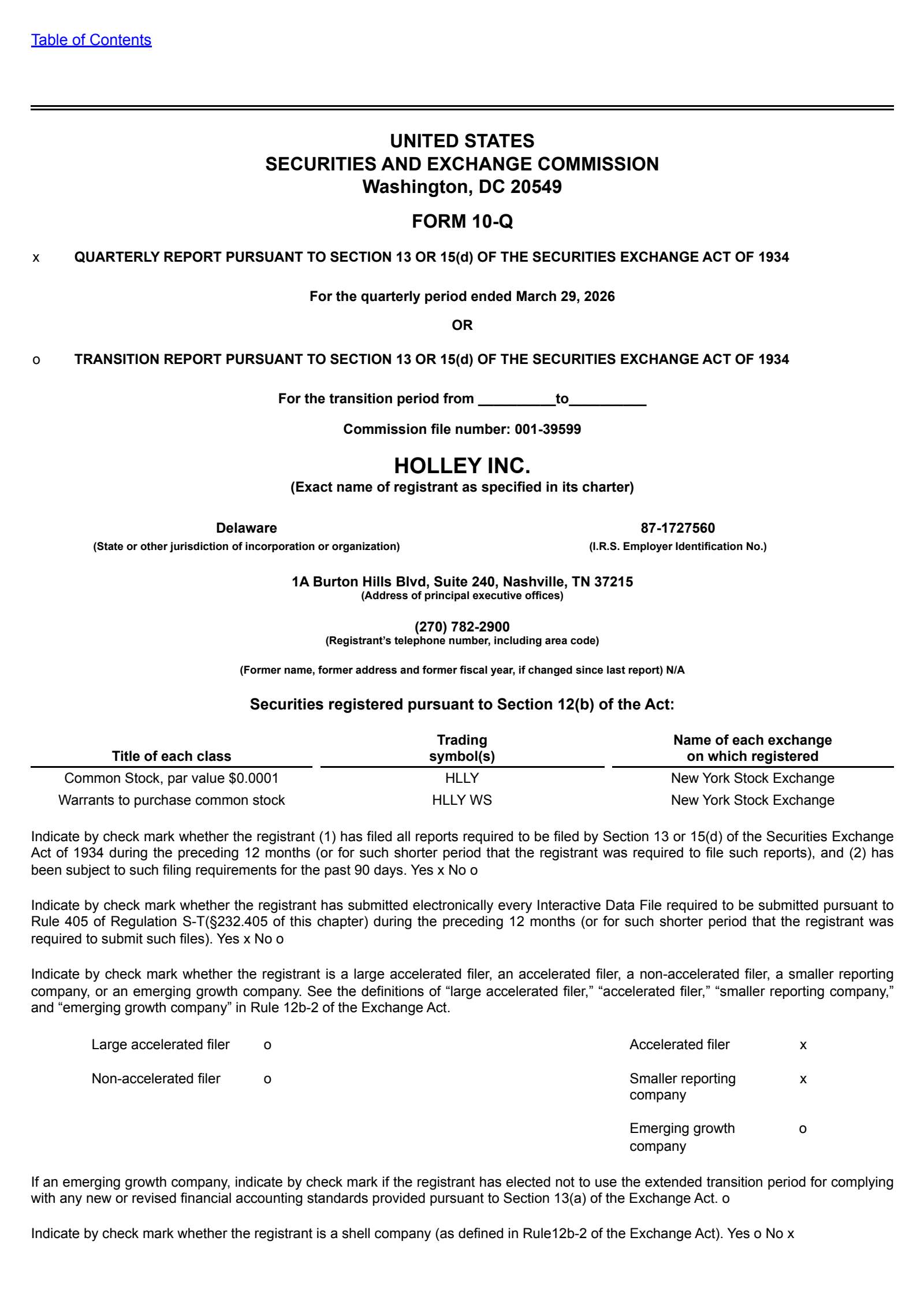 Holley's Q1 2026 Quarterly report