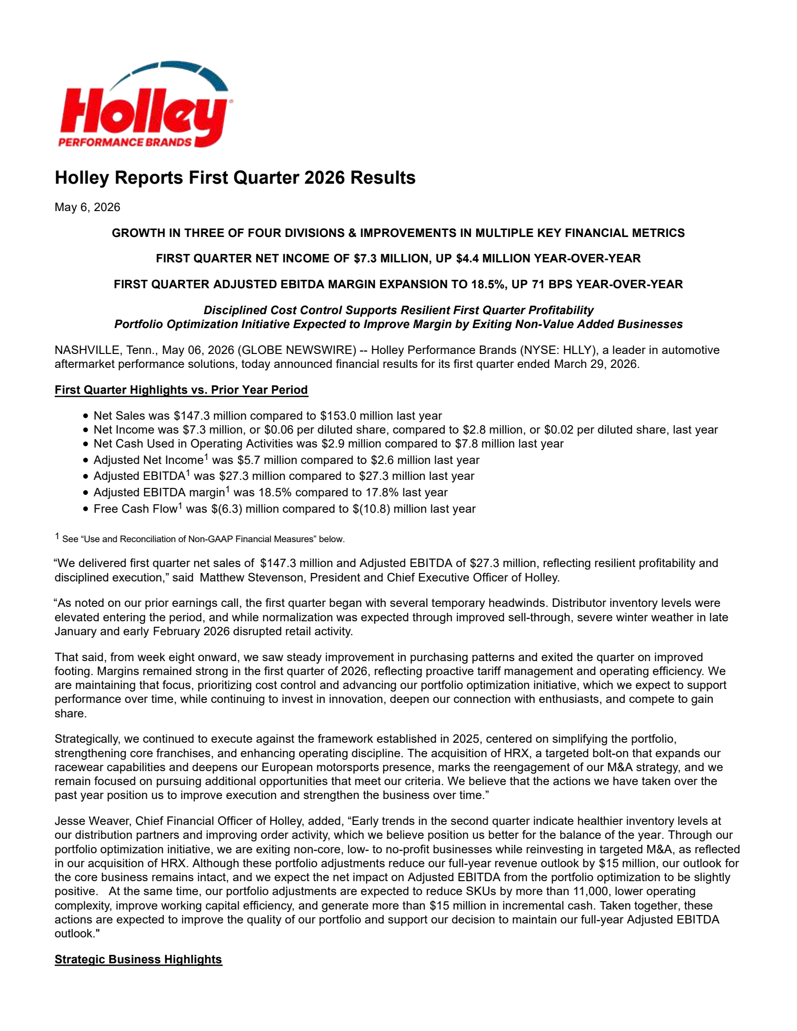 Holley's Q1 2026 Press Release