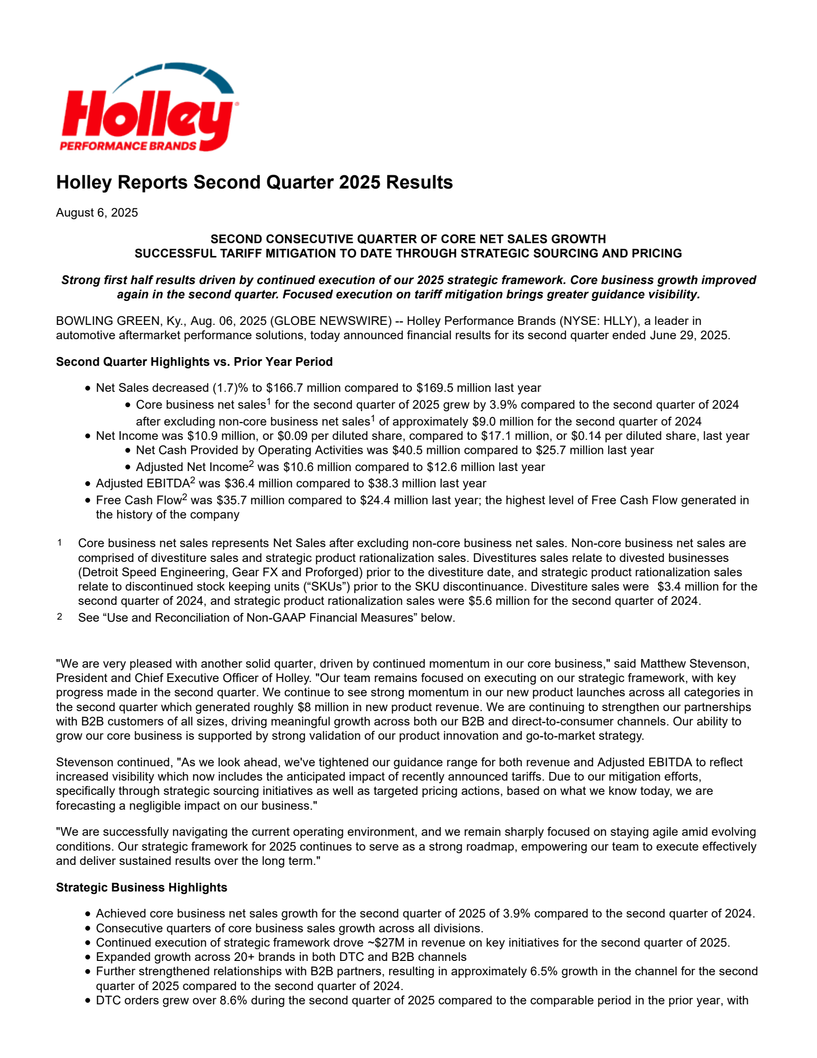 Holley's Q2 2025 Press Release