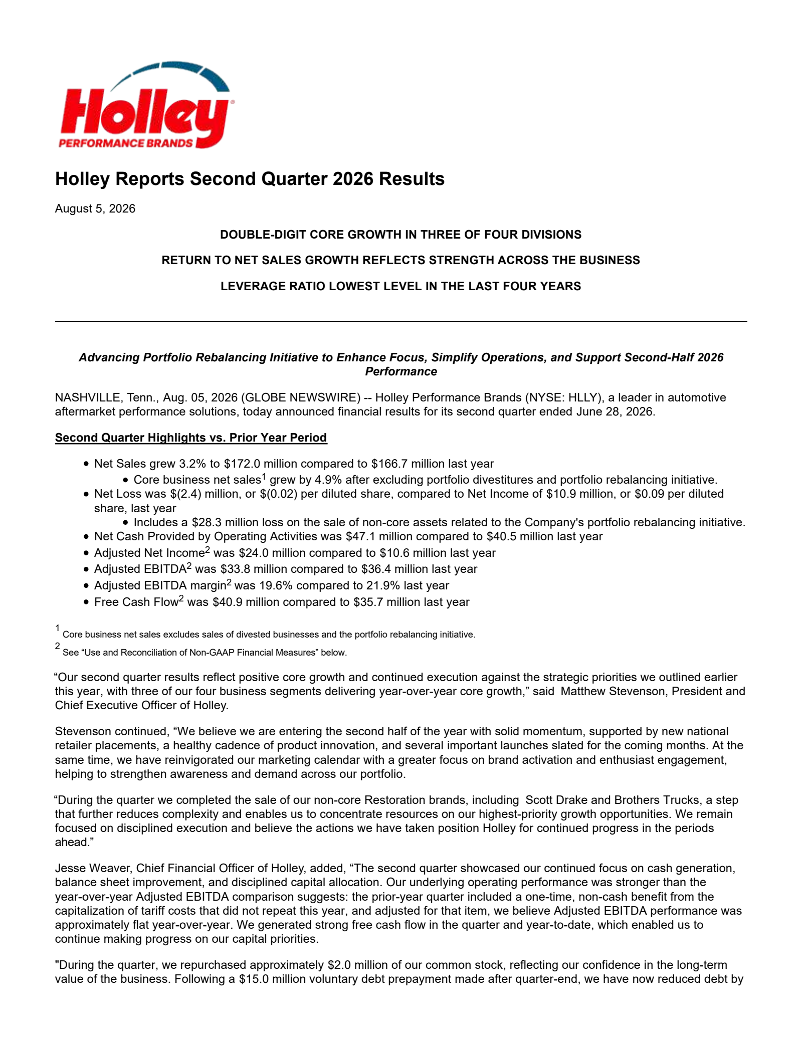 Holley's Q2 2026 Press Release
