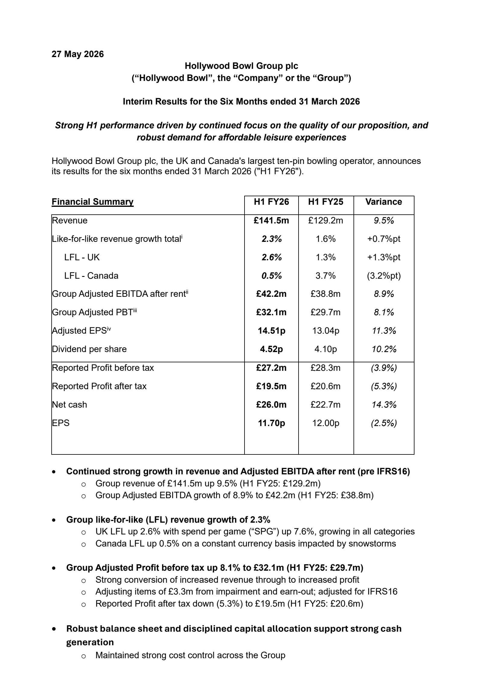 Hollywood Bowl Group's H1 2026 Interim report