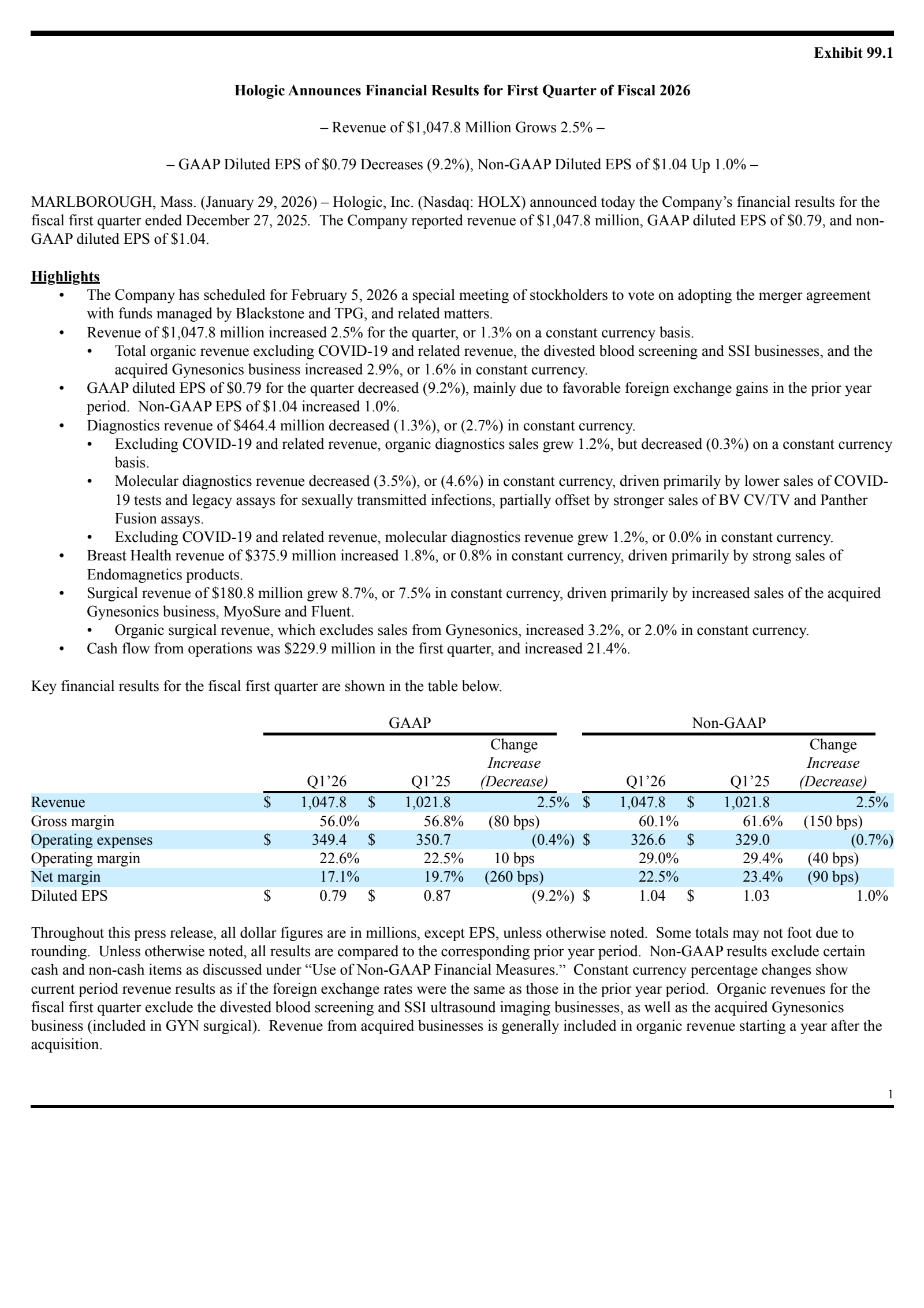 Hologic's Q1 2026 Press Release