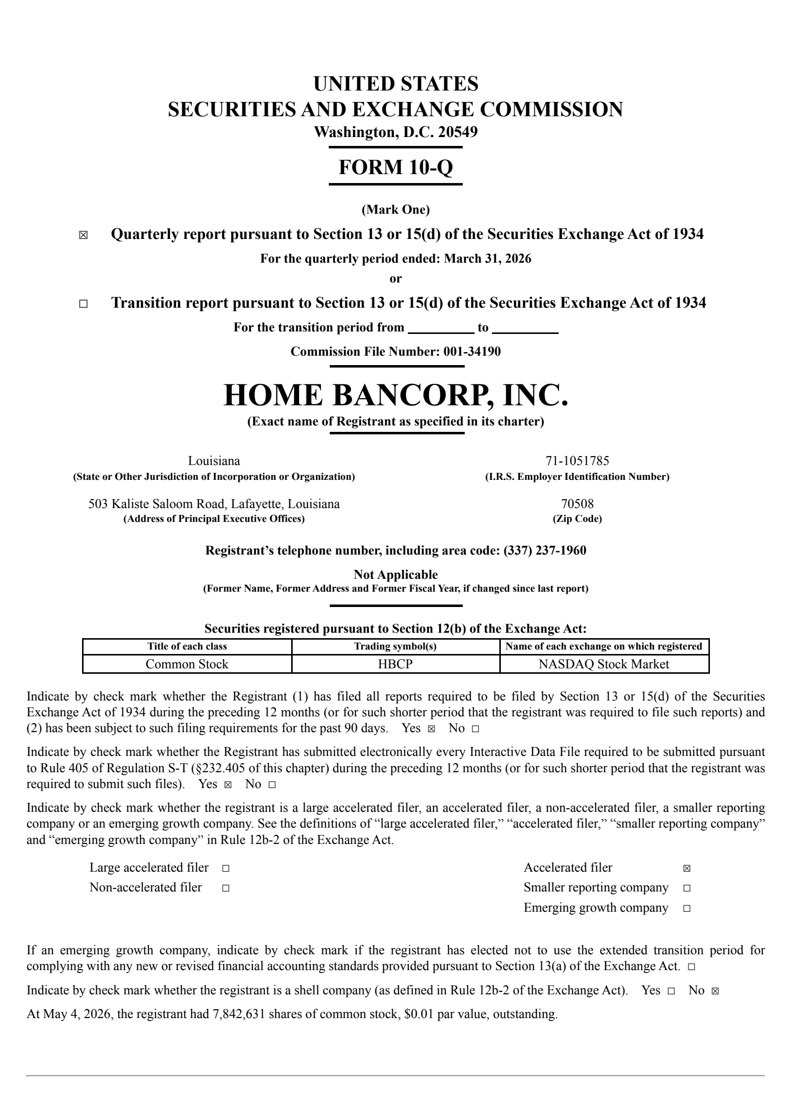 Home Bancorp's Q1 2026 Quarterly report