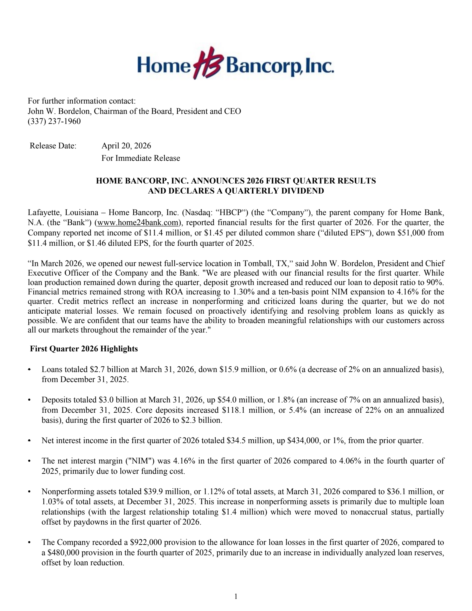 Home Bancorp's Q1 2026 Press Release