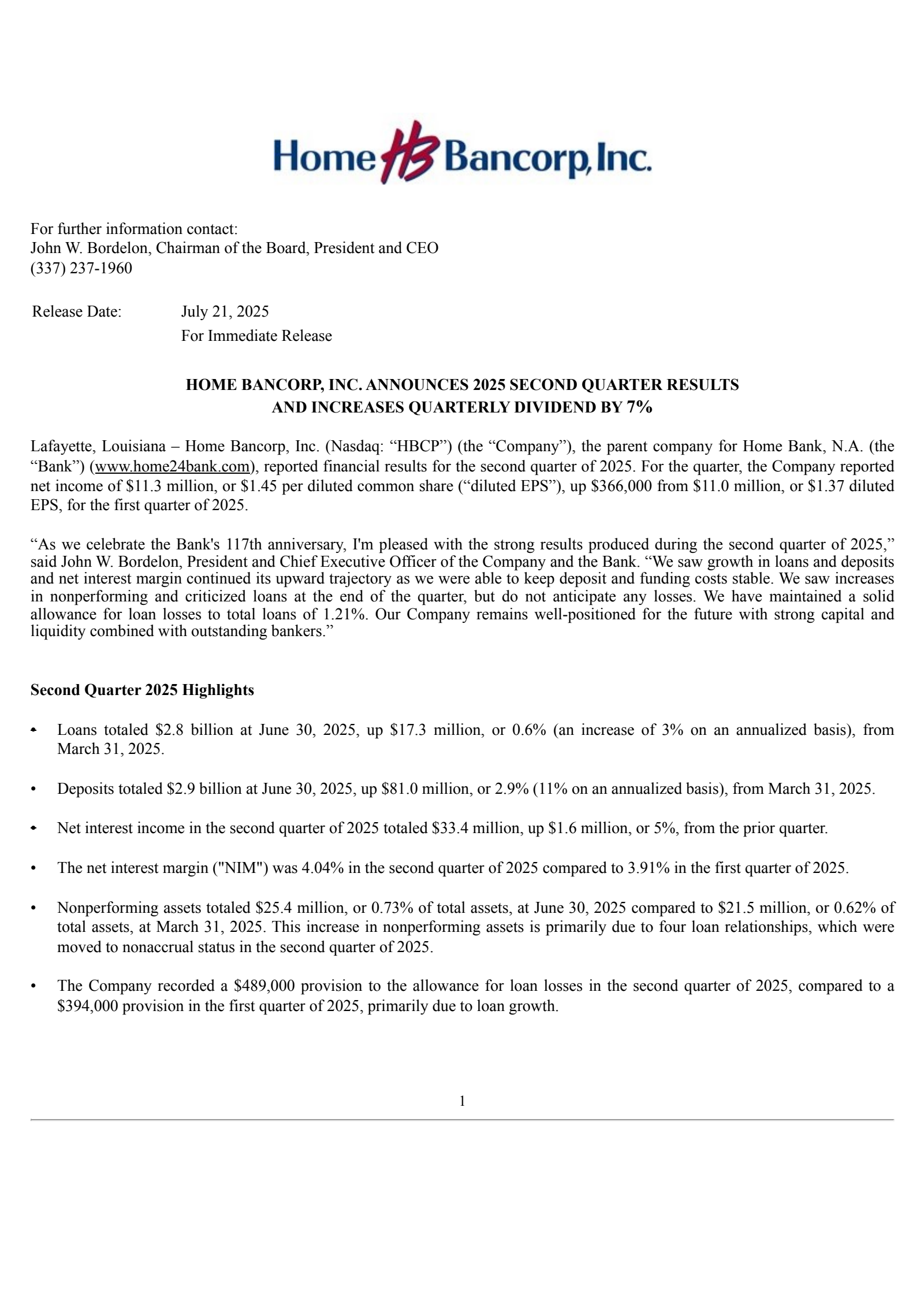 Home Bancorp's Q2 2025 Press Release