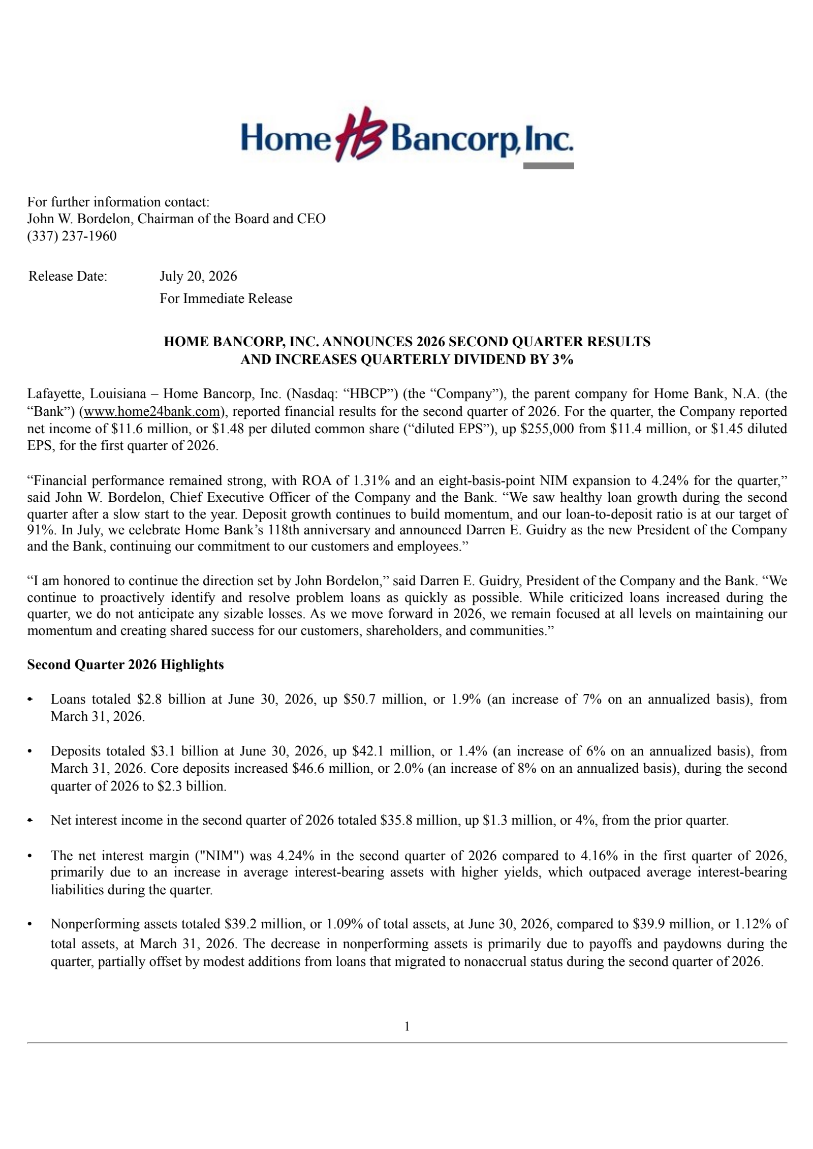 Home Bancorp's Q2 2026 Press Release