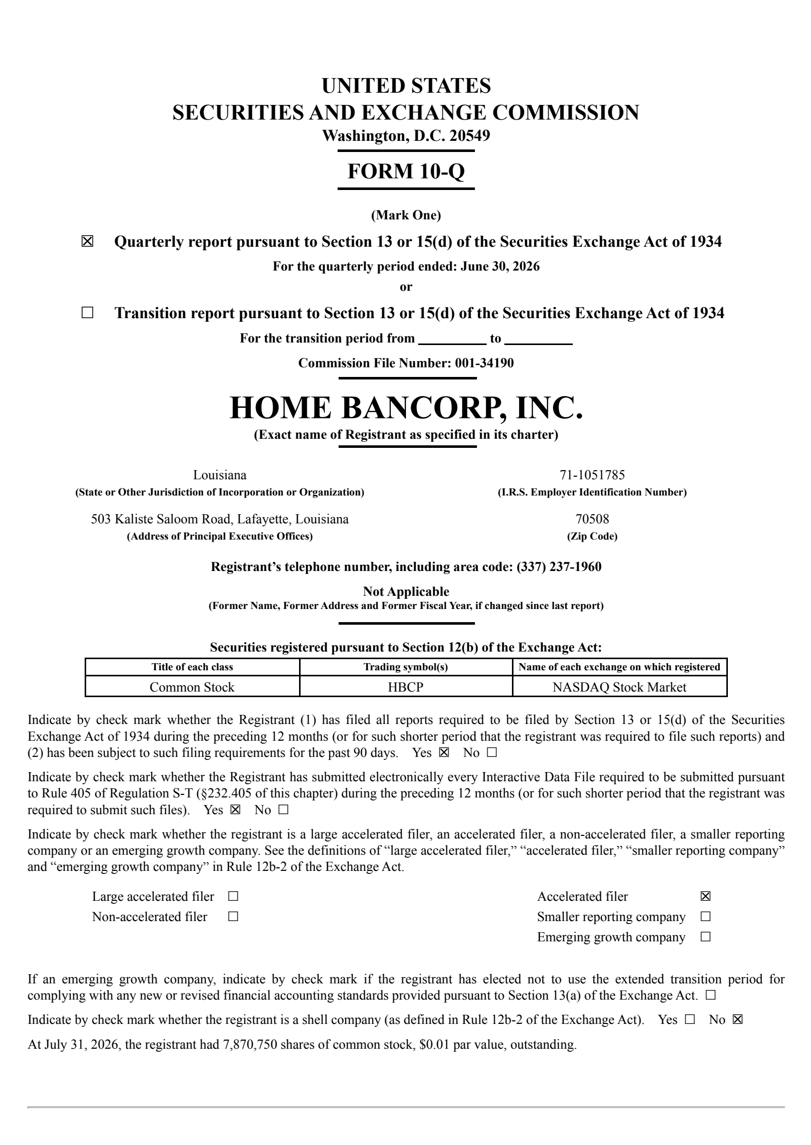 Home Bancorp's Q2 2026 Quarterly report