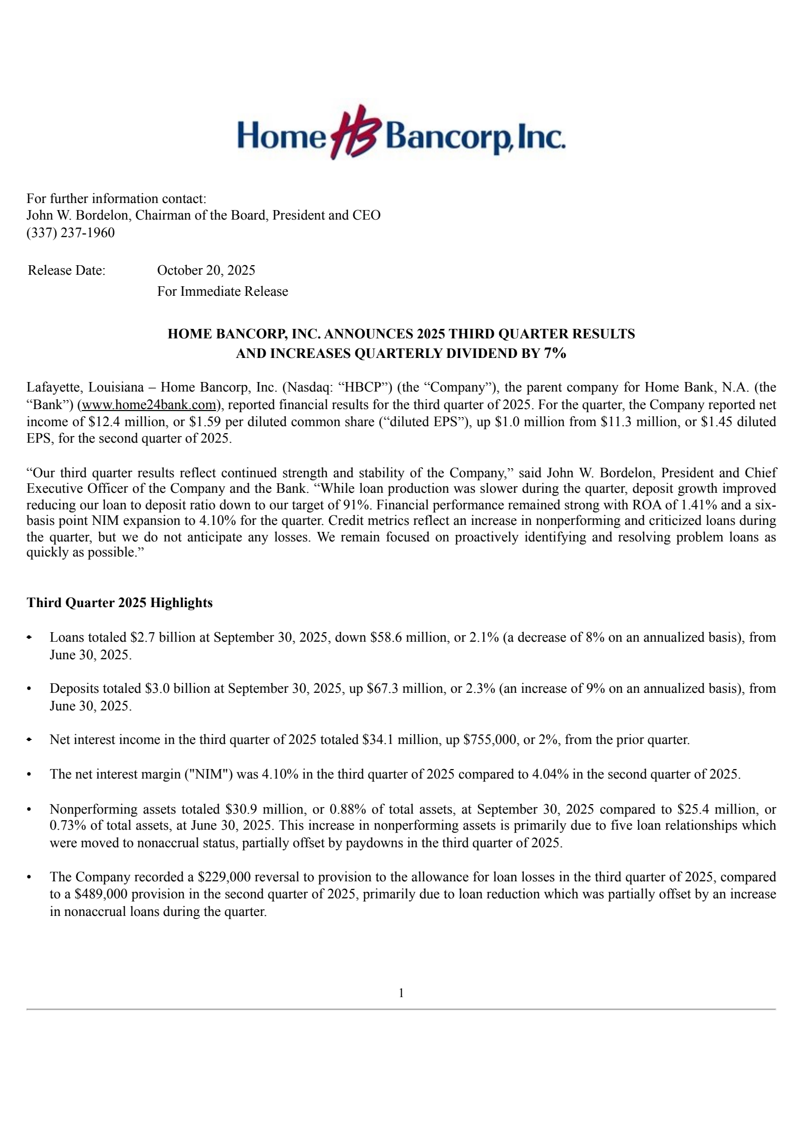 Home Bancorp's Q3 2025 Earnings Release