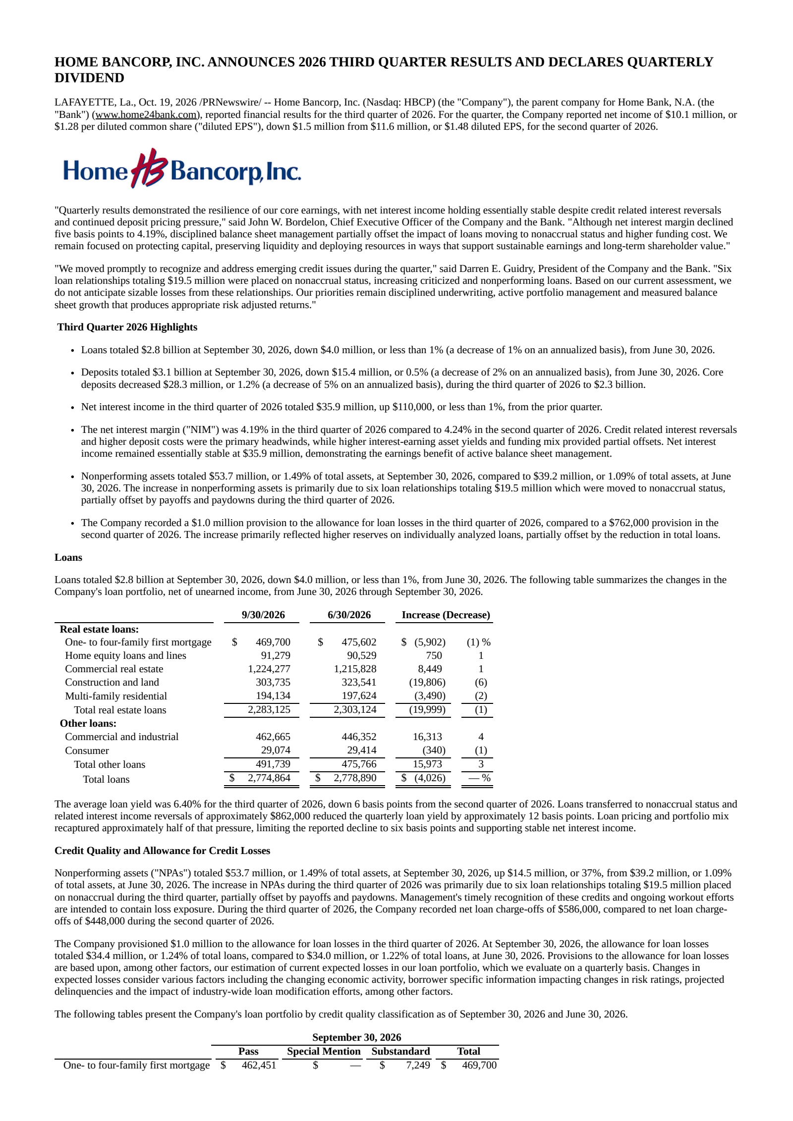 Home Bancorp's Q3 2026 Press Release