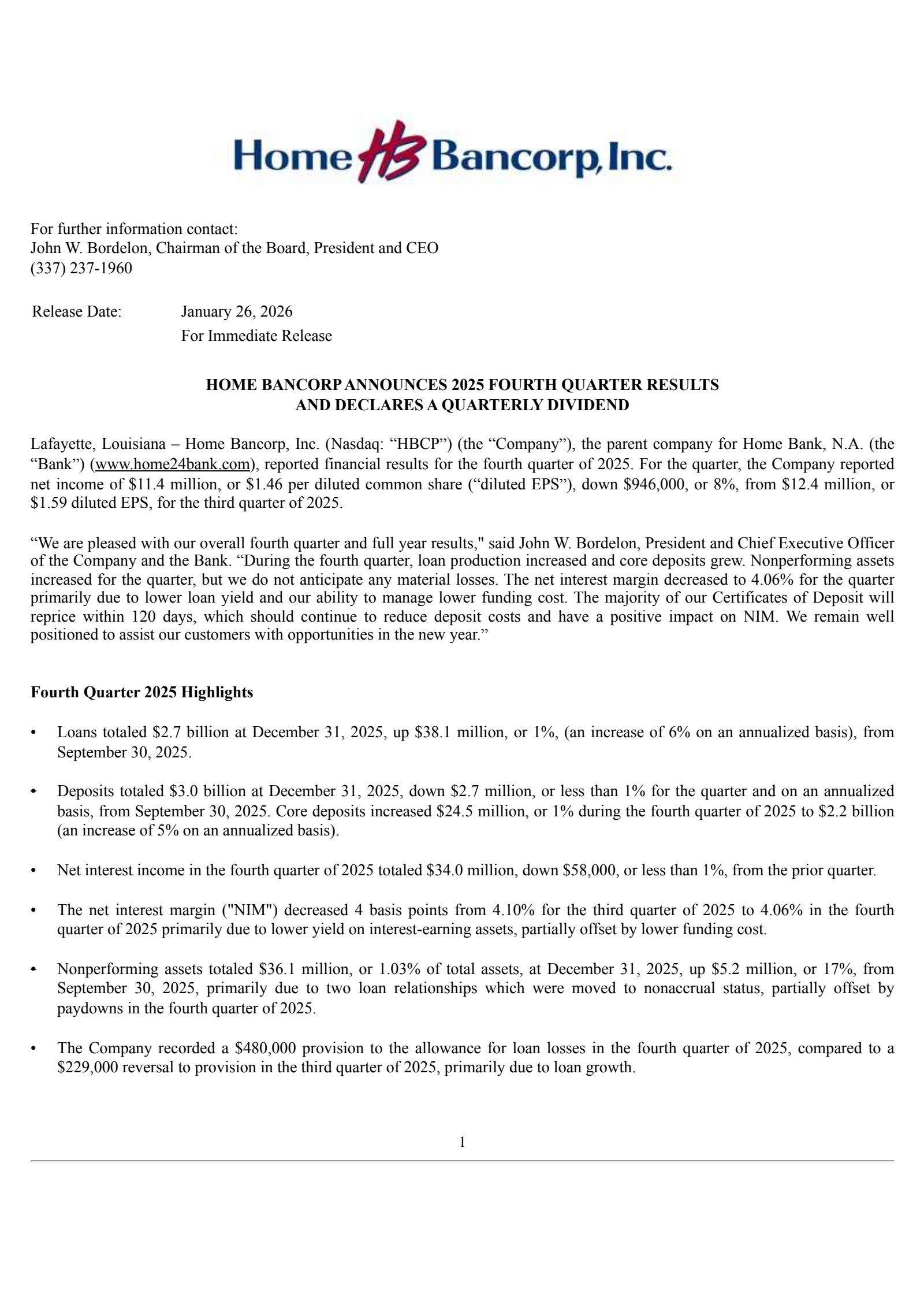 Home Bancorp's Q4 2025 Press Release