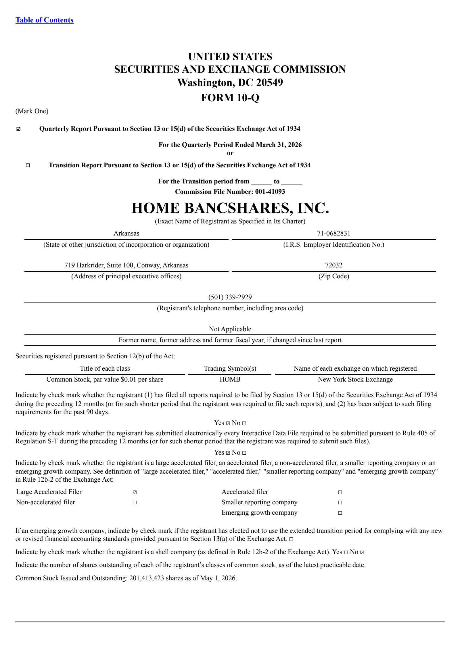 Home BancShares' Q1 2026 Quarterly report