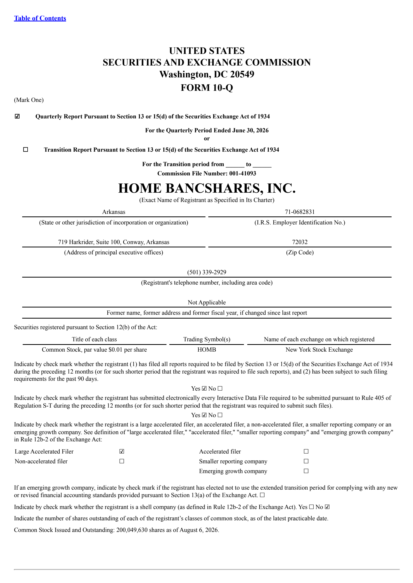 Home BancShares' Q2 2026 Quarterly report