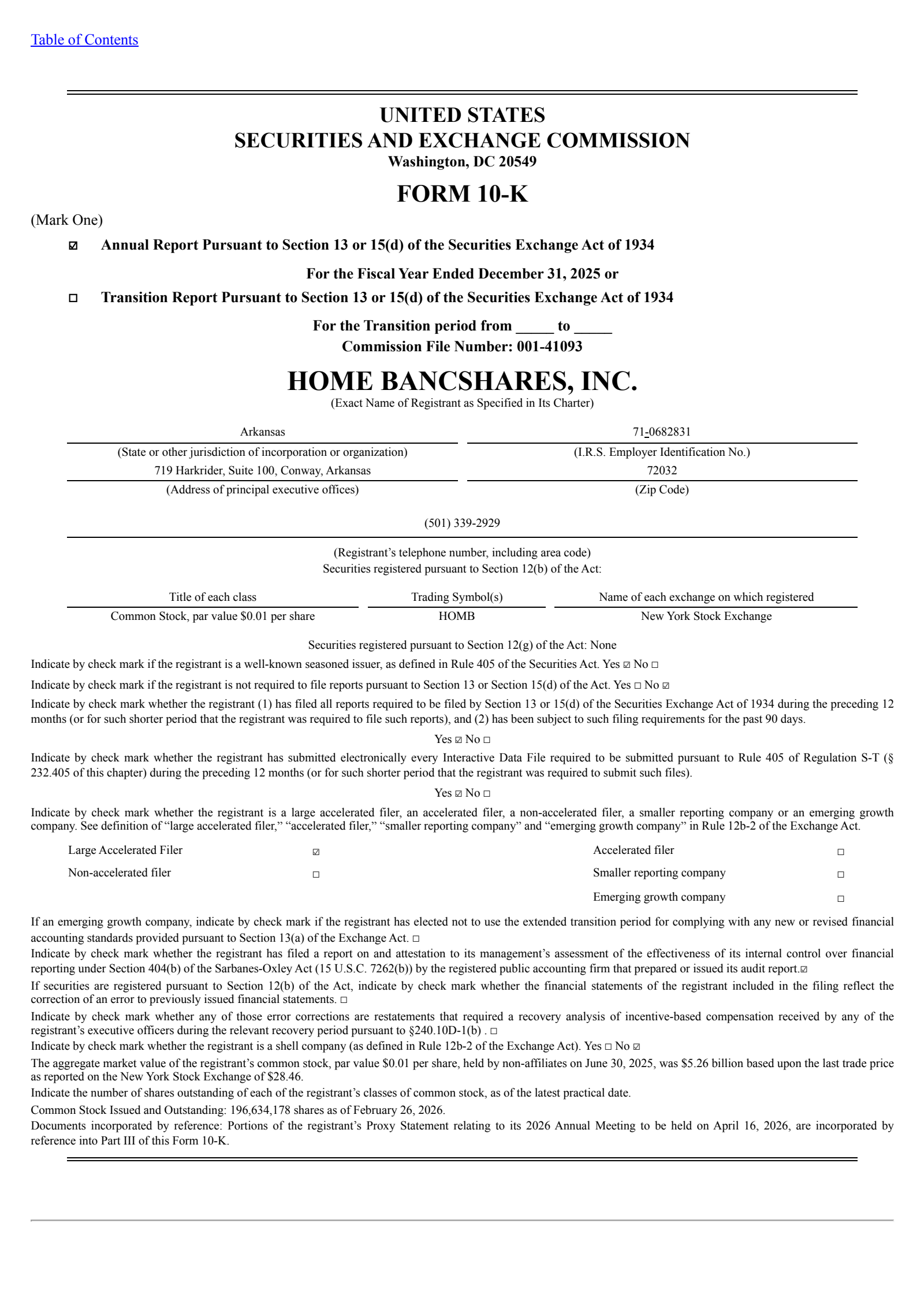 Home BancShares' Q4 2025 Annual report