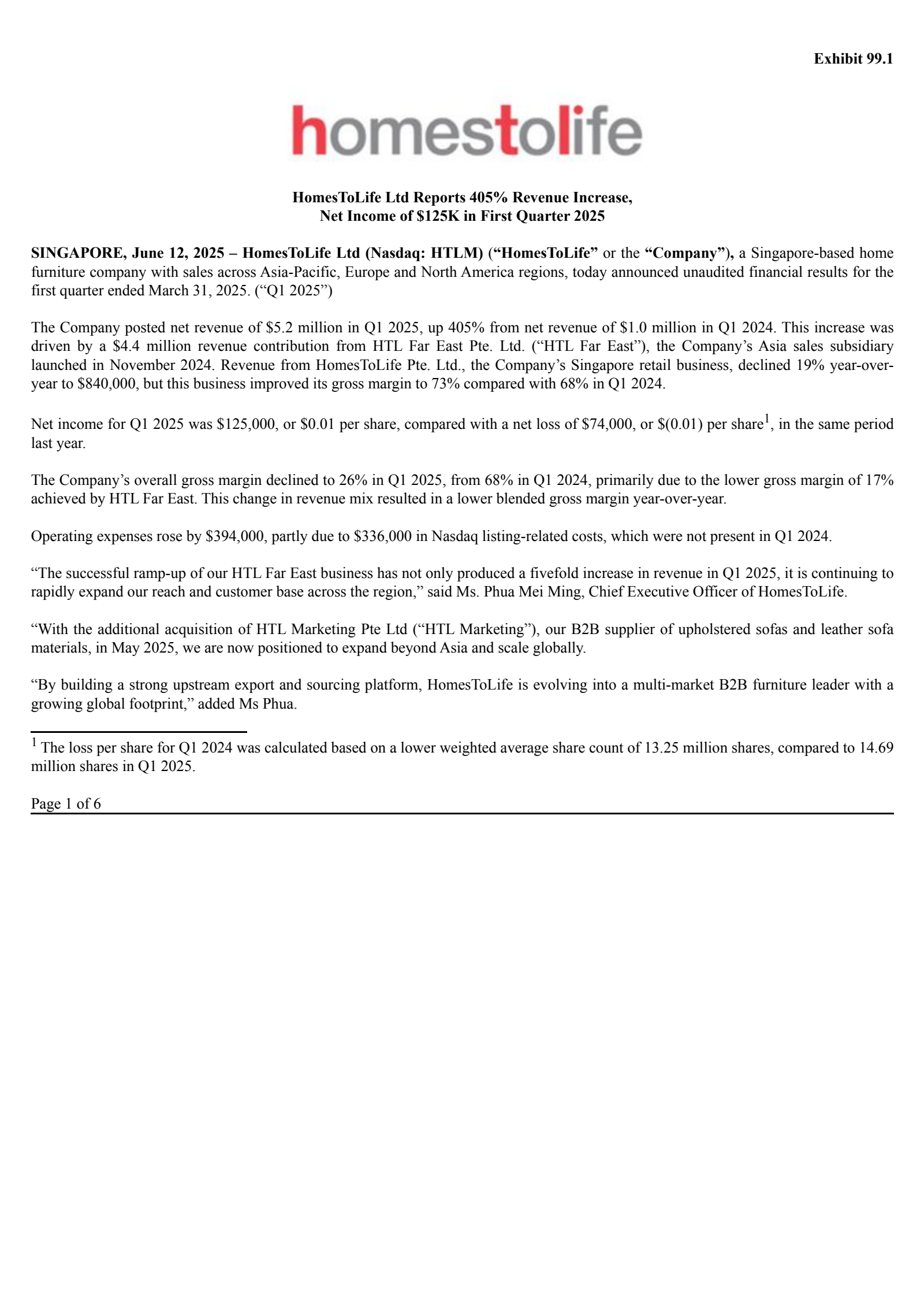 HomesToLife's Q1 2025 Press Release