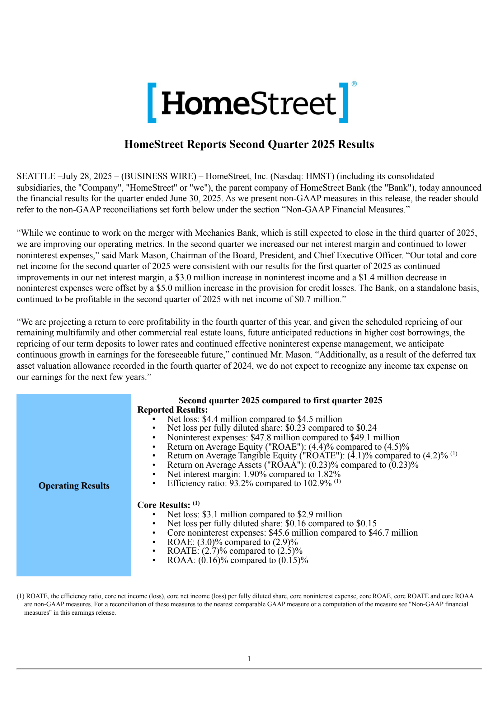 HomeStreet's Q2 2025 Press Release
