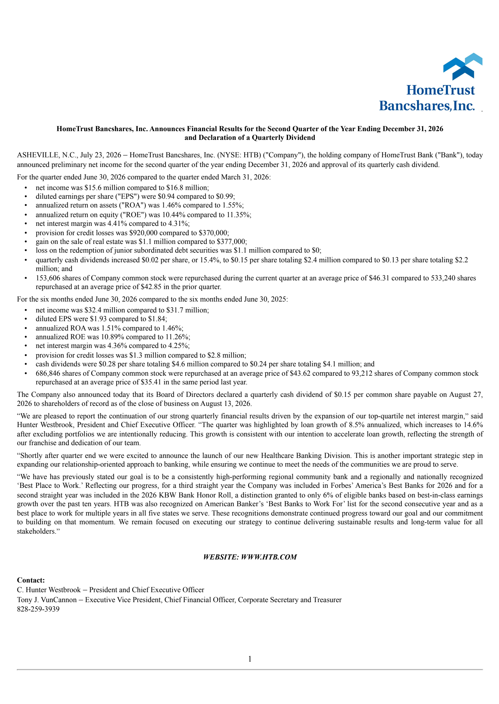 HomeTrust Bancshares' Q2 2026 Press Release