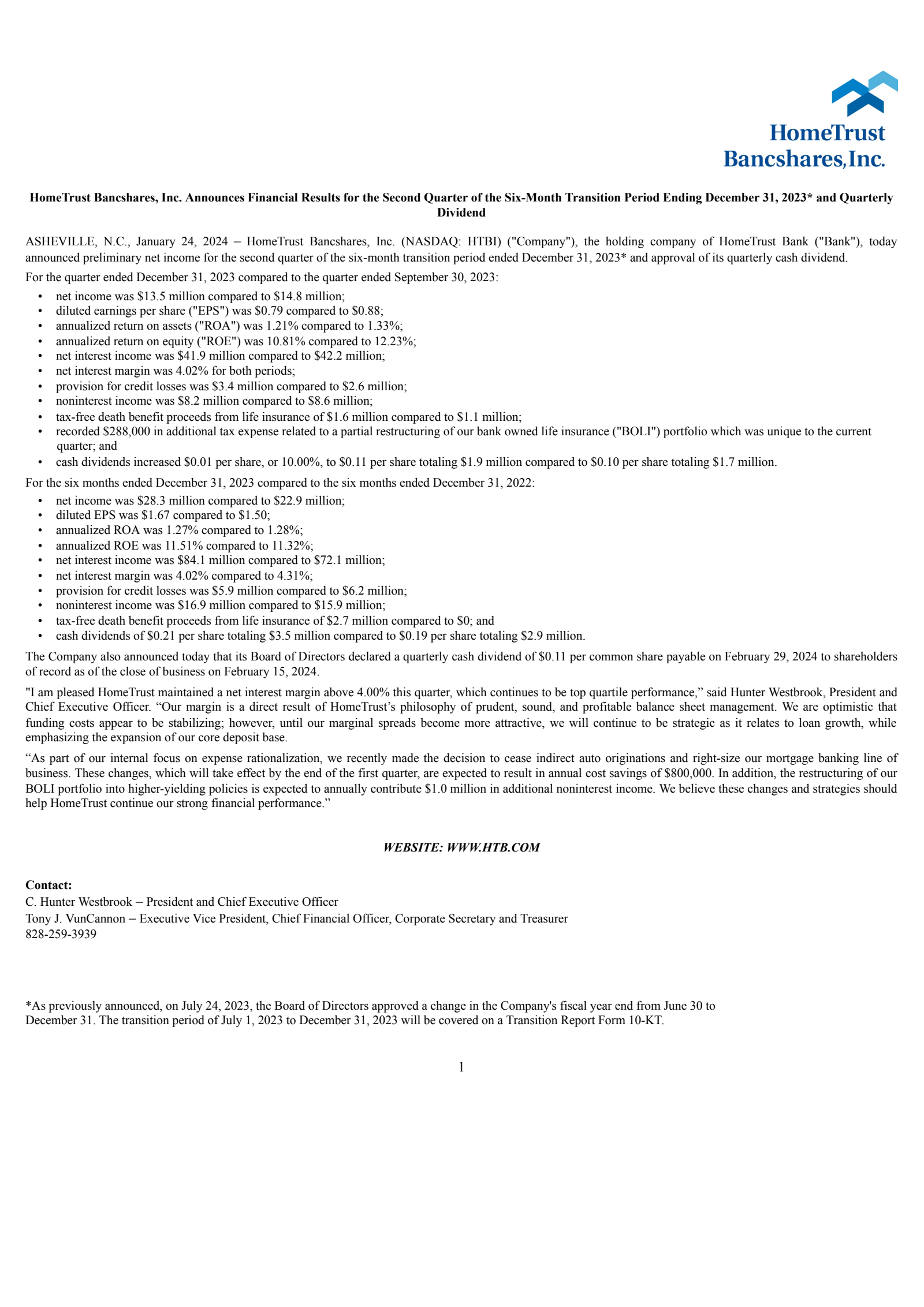 HomeTrust Bancshares' Stub Period Press Release