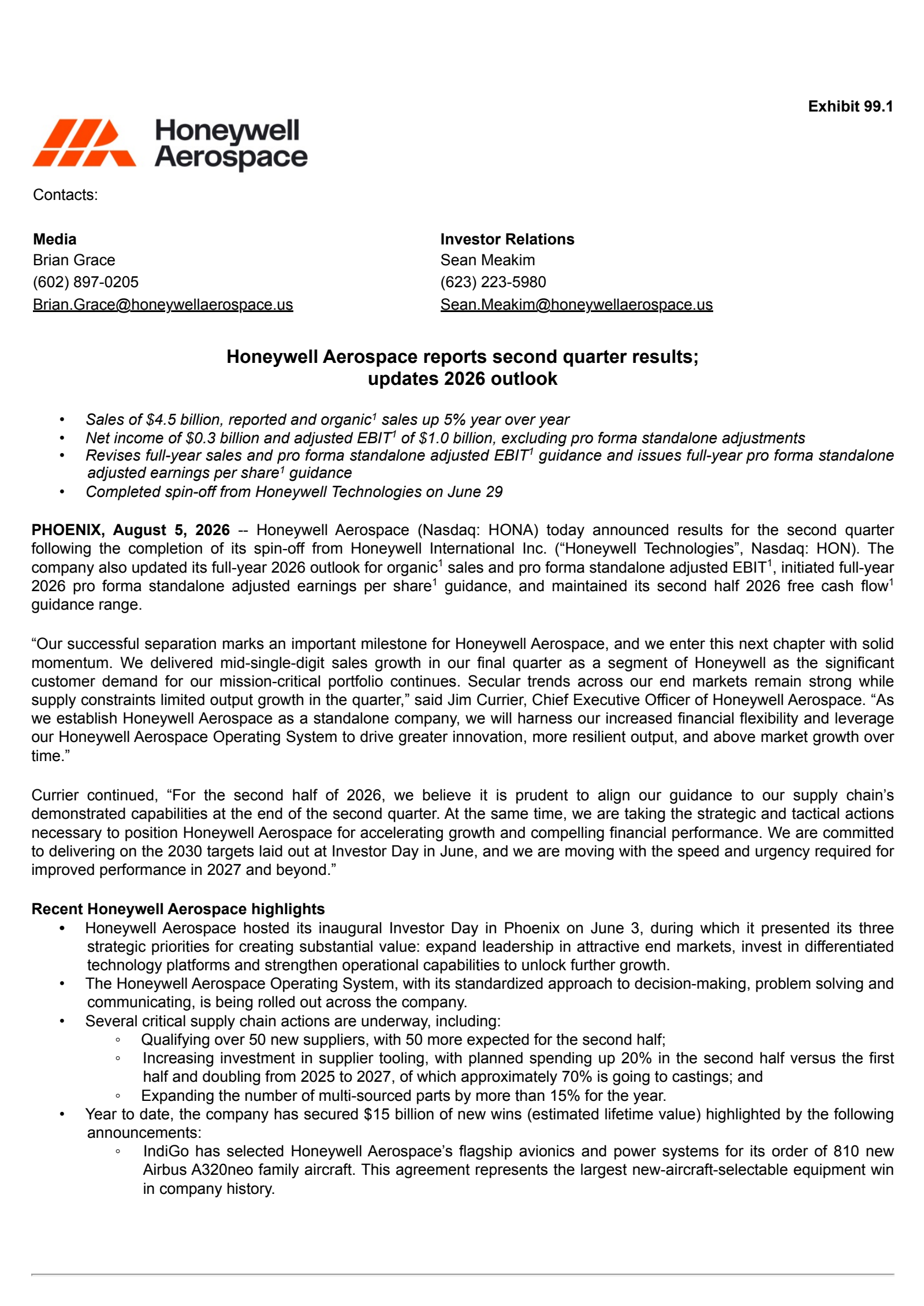 Honeywell Aerospace's Q2 2026 Press Release