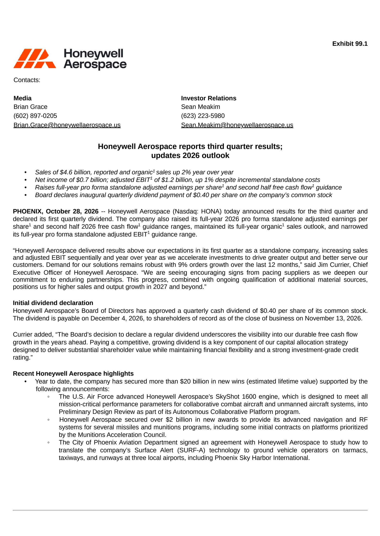 Honeywell Aerospace's Q3 2026 Press Release