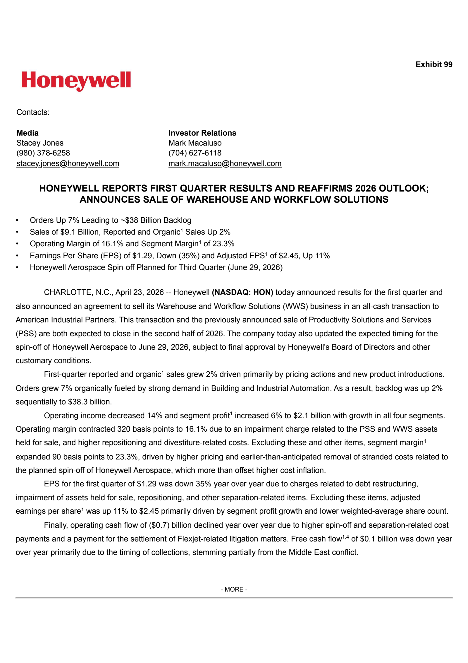 Honeywell International's Q1 2026 Press Release
