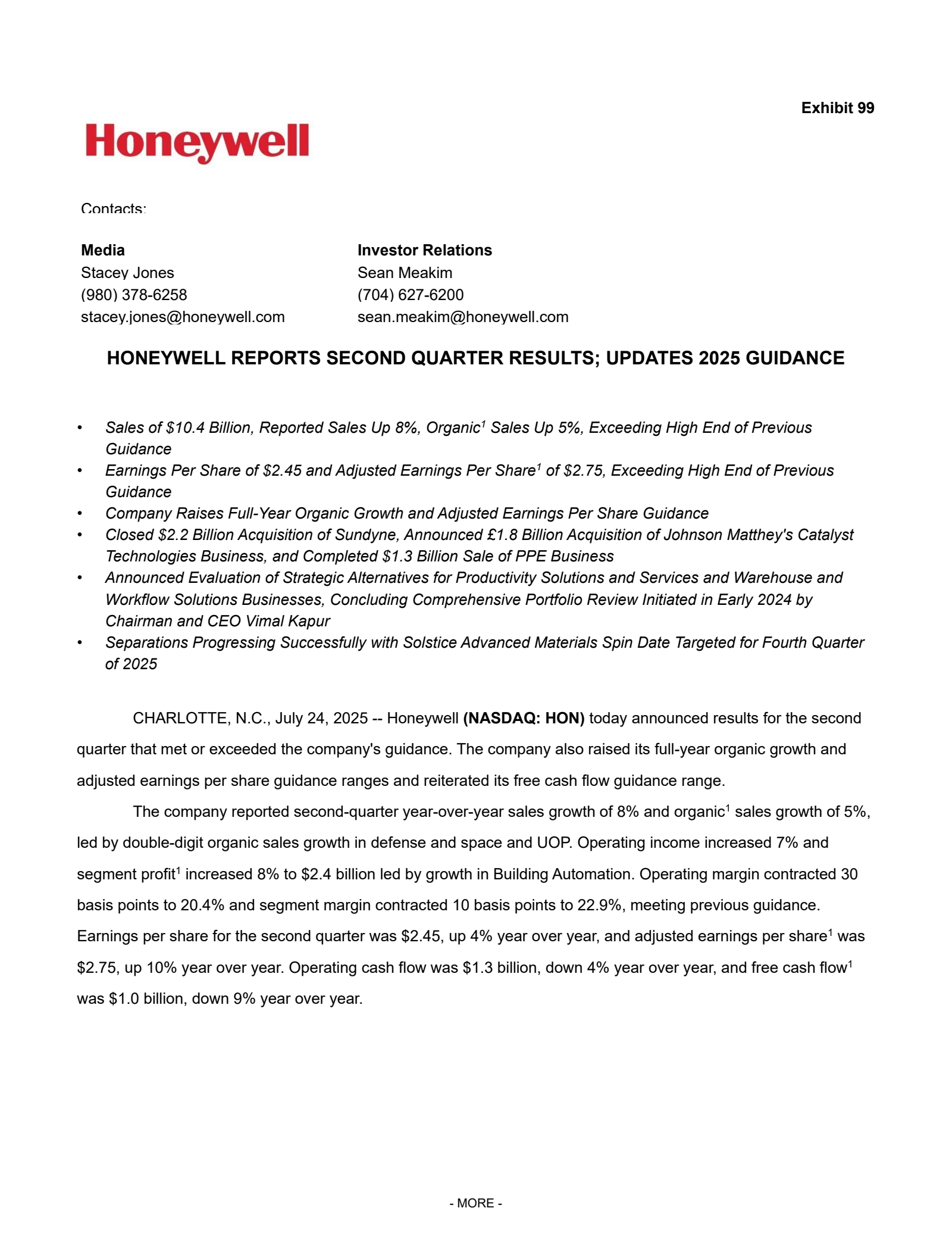 Honeywell International's Q2 2025 Press Release