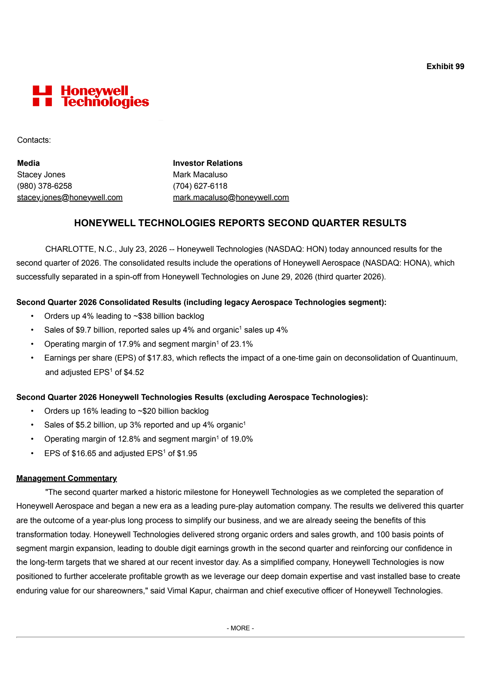 Honeywell International's Q2 2026 Press Release