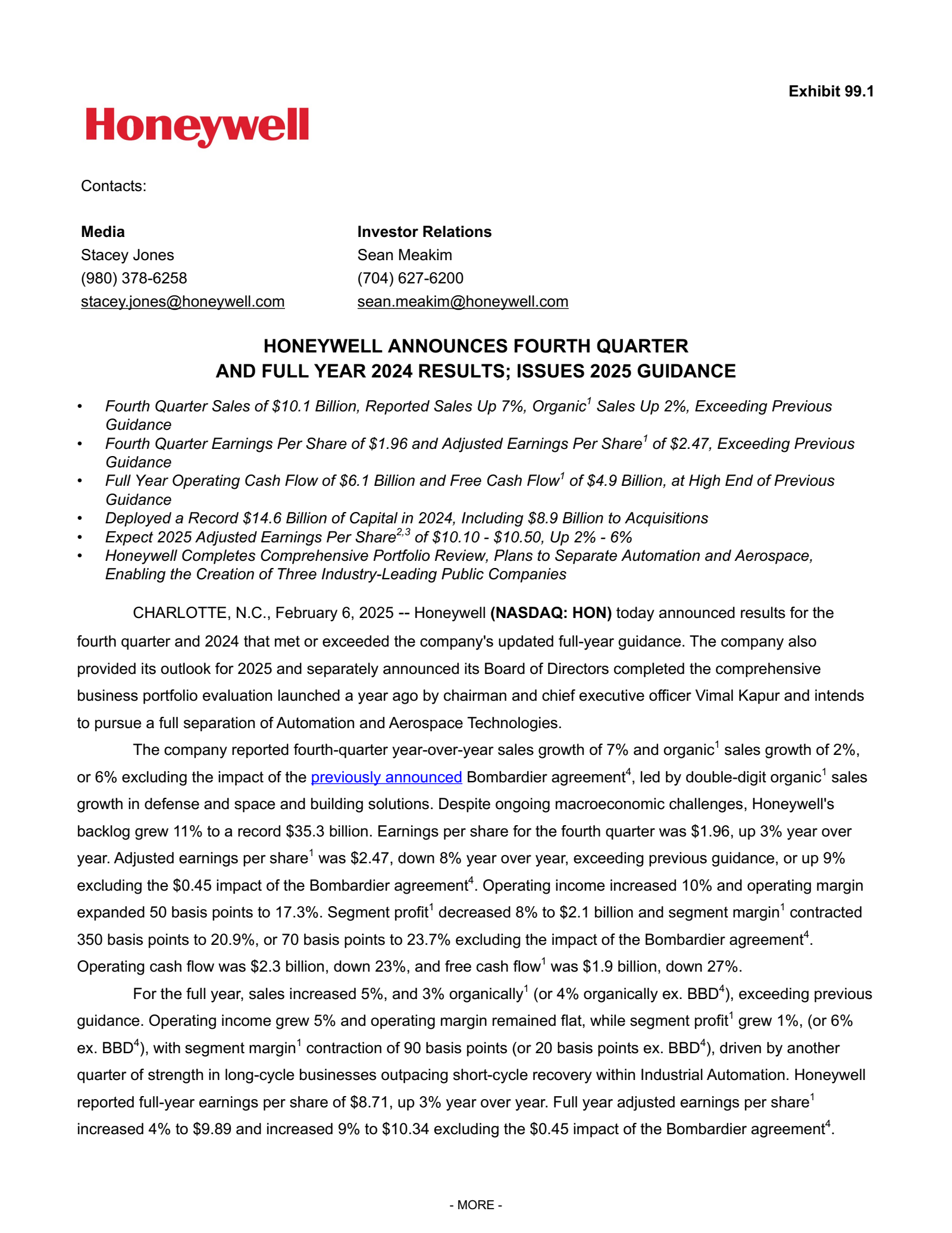 Honeywell International's Q4 2024 Press Release
