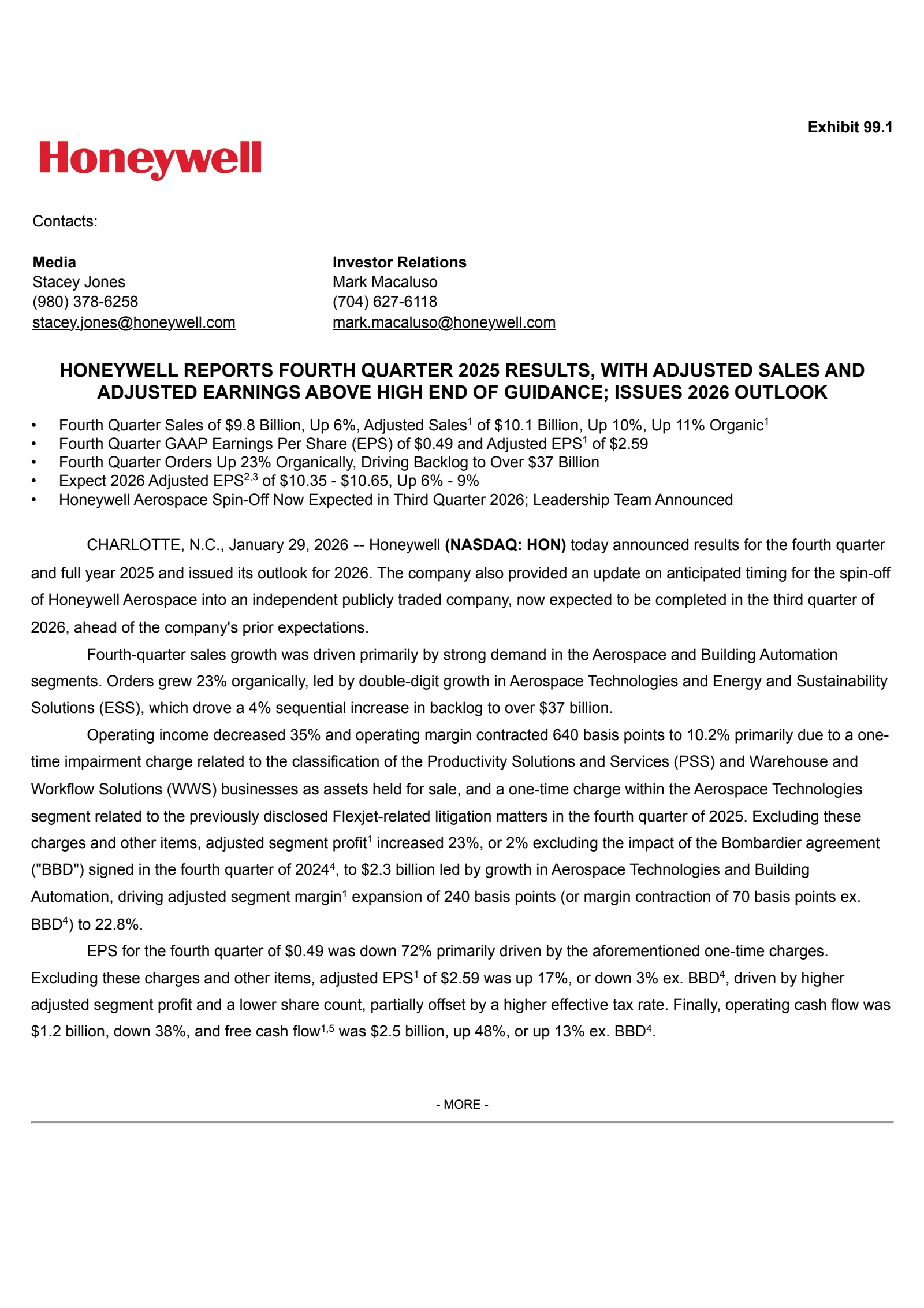 Honeywell International's Q4 2025 Press Release