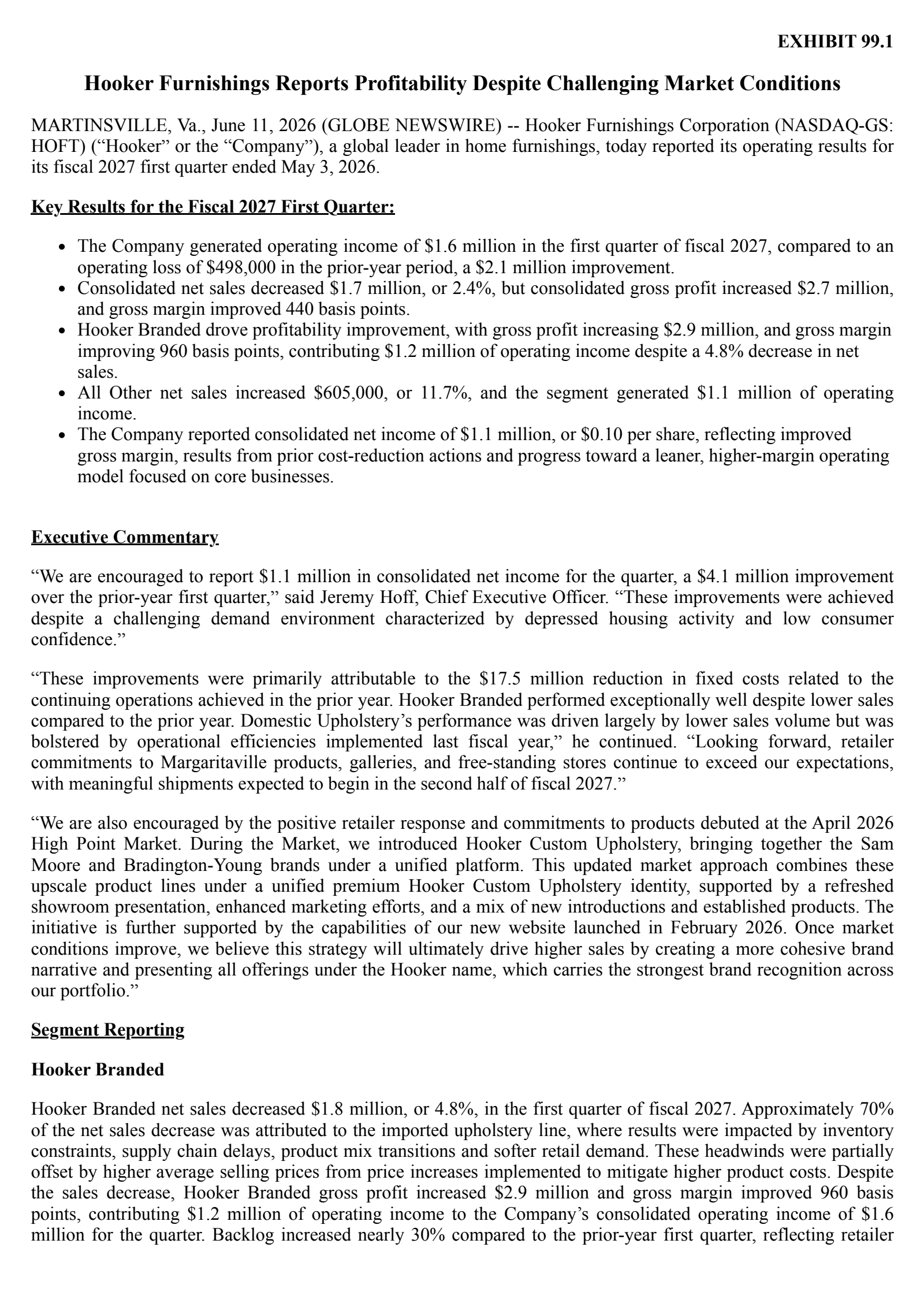 Hooker Furnishings' Q1 2027 Press Release