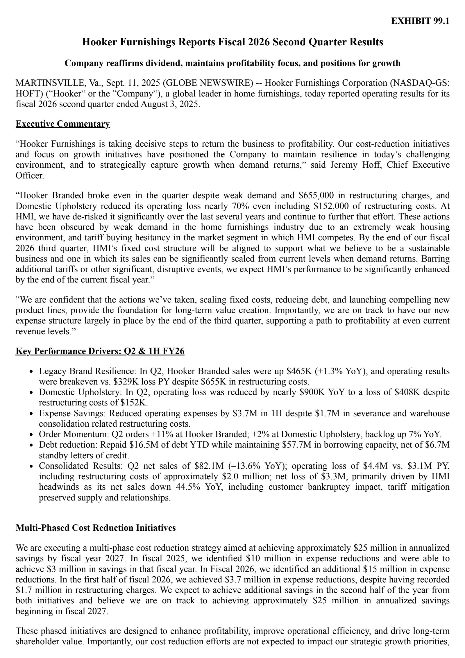 Hooker Furnishings' Q2 2026 Earnings Release