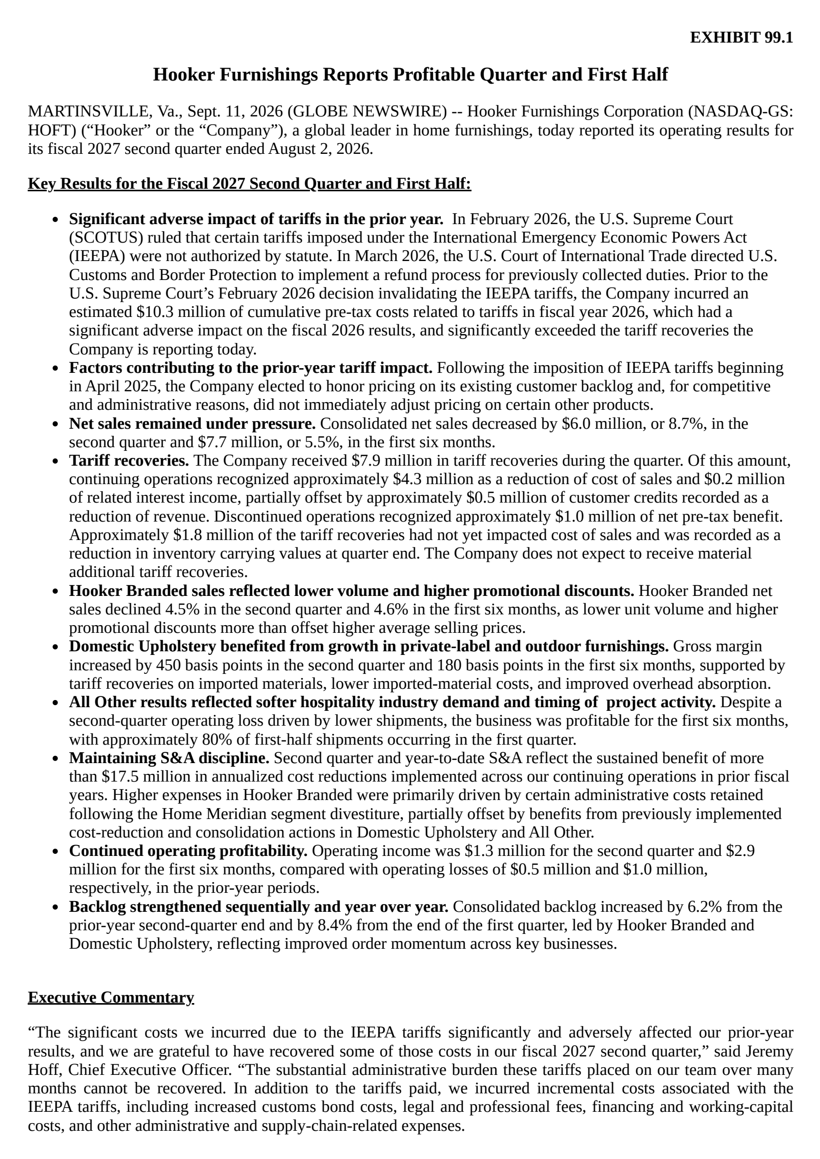 Hooker Furnishings' Q2 2027 Press Release