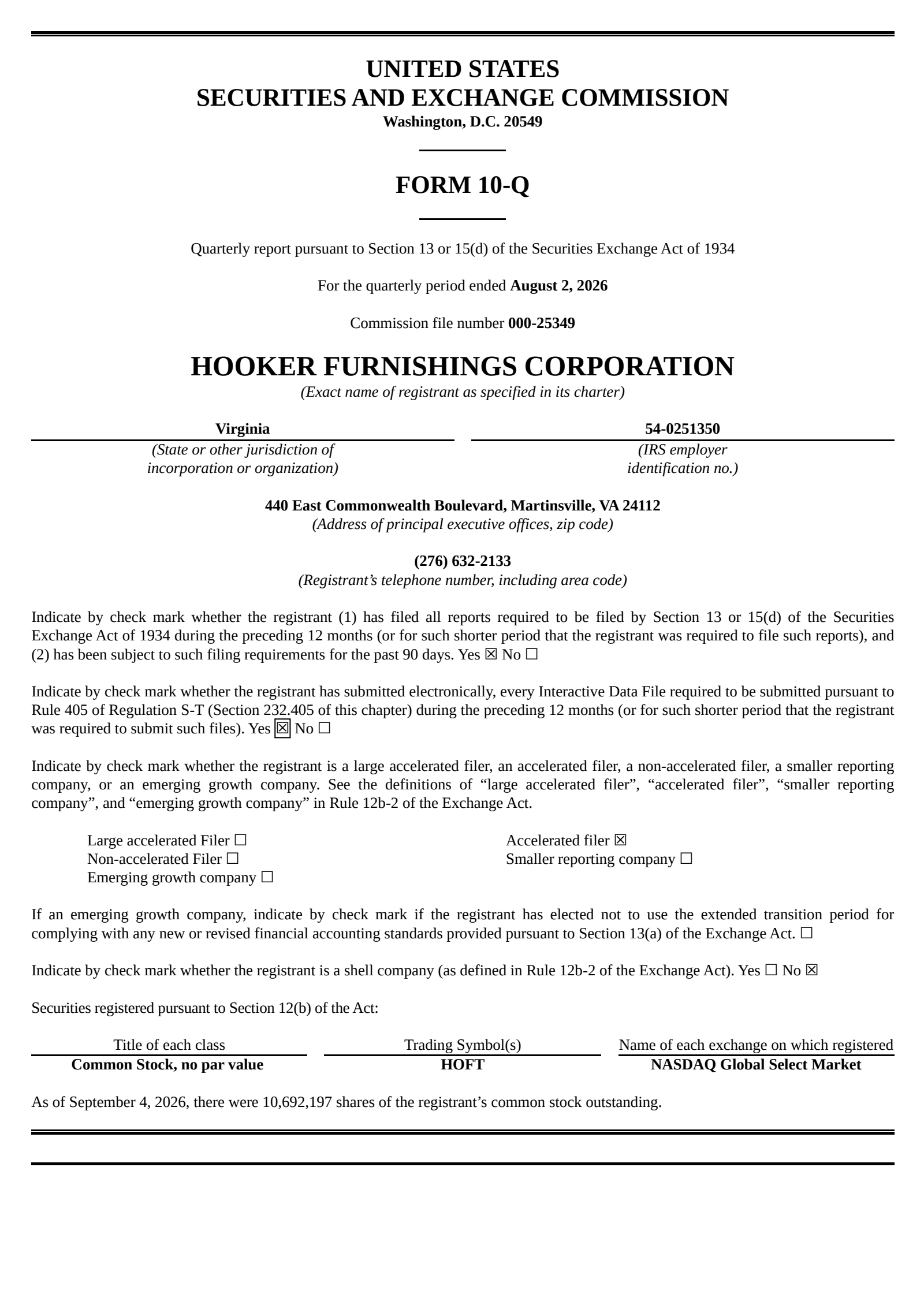 Hooker Furnishings' Q2 2027 Quarterly report