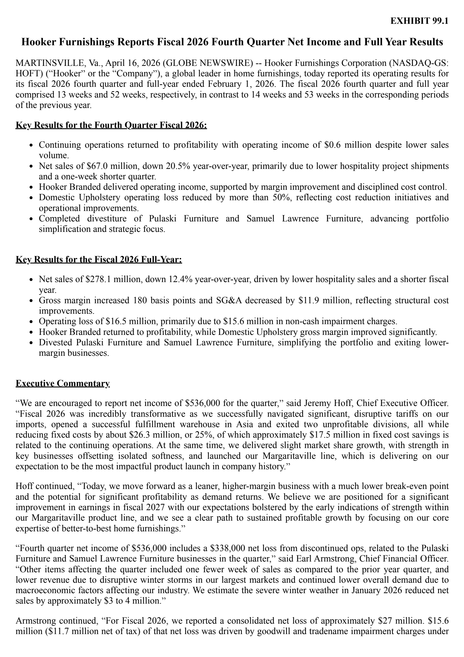 Hooker Furnishings' Q4 2026 Press Release