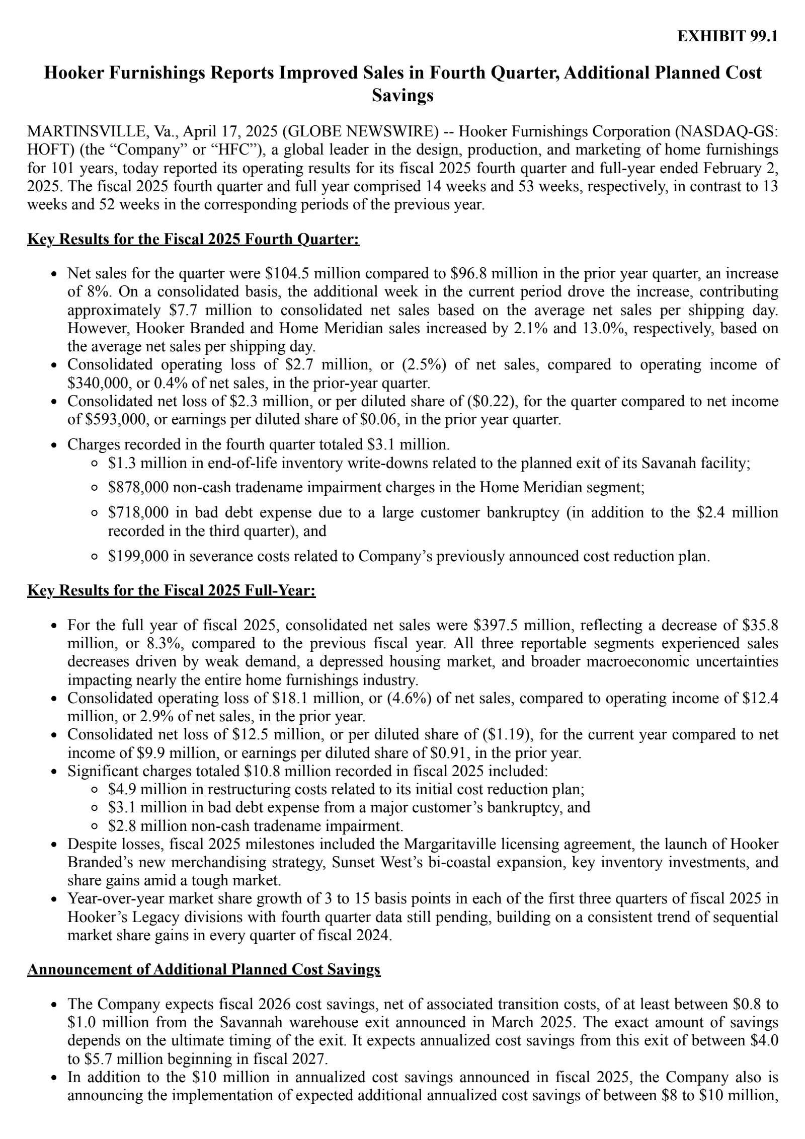 Hooker Furnishings' Q4 24/25 Press Release