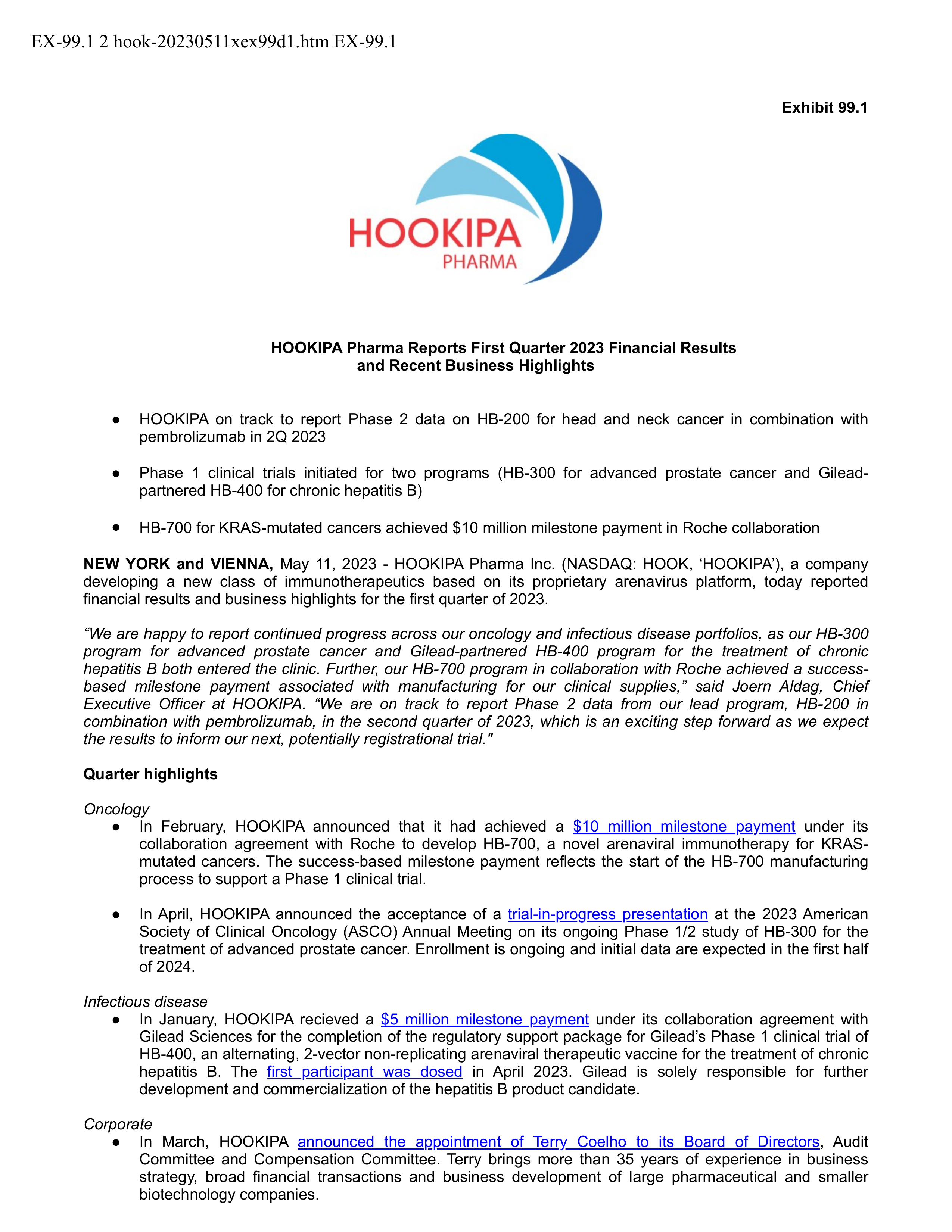 Hookipa Pharma's Q1 2023 Press Release