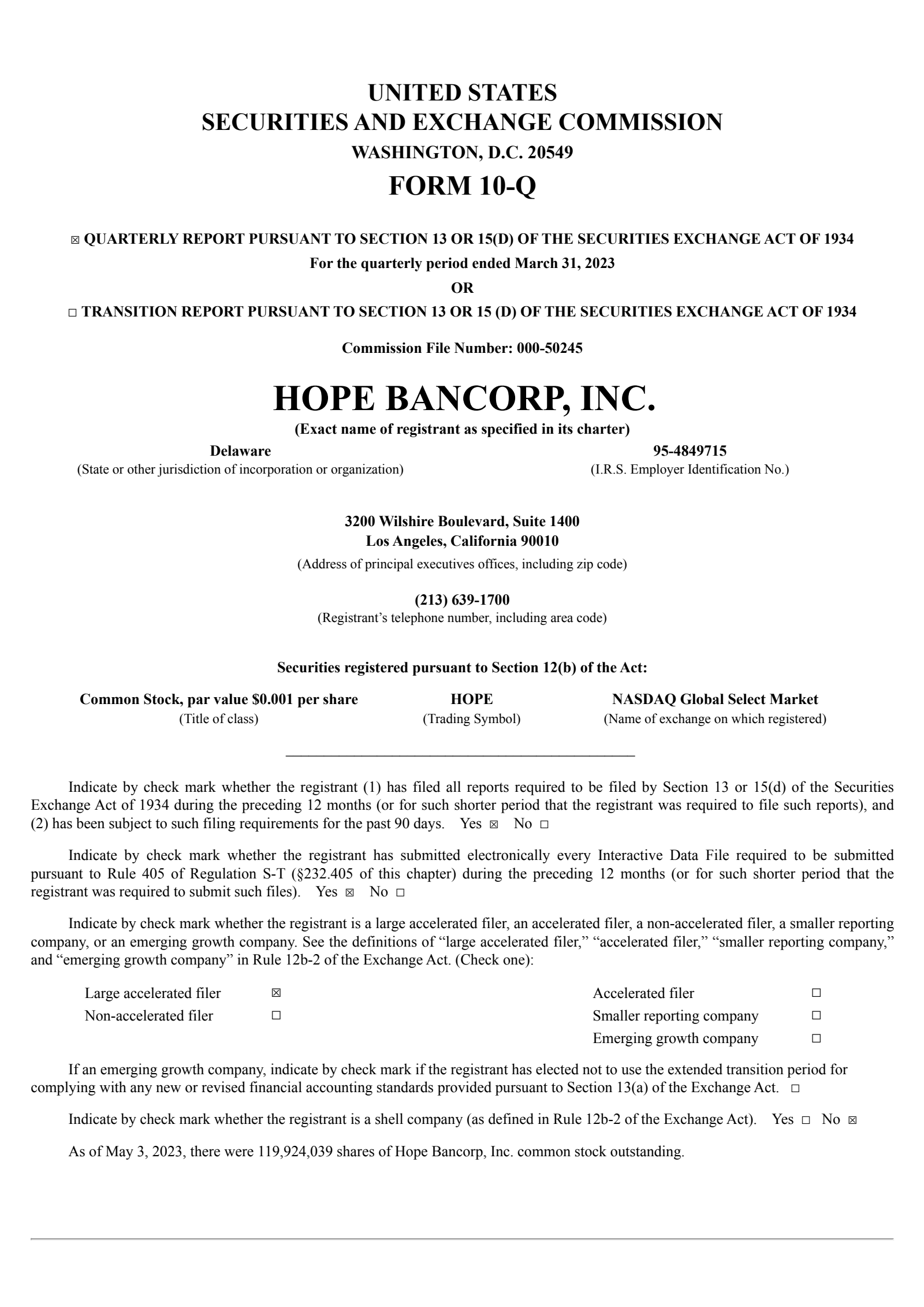 Hope Bancorp's Q1 2023 Quarterly report